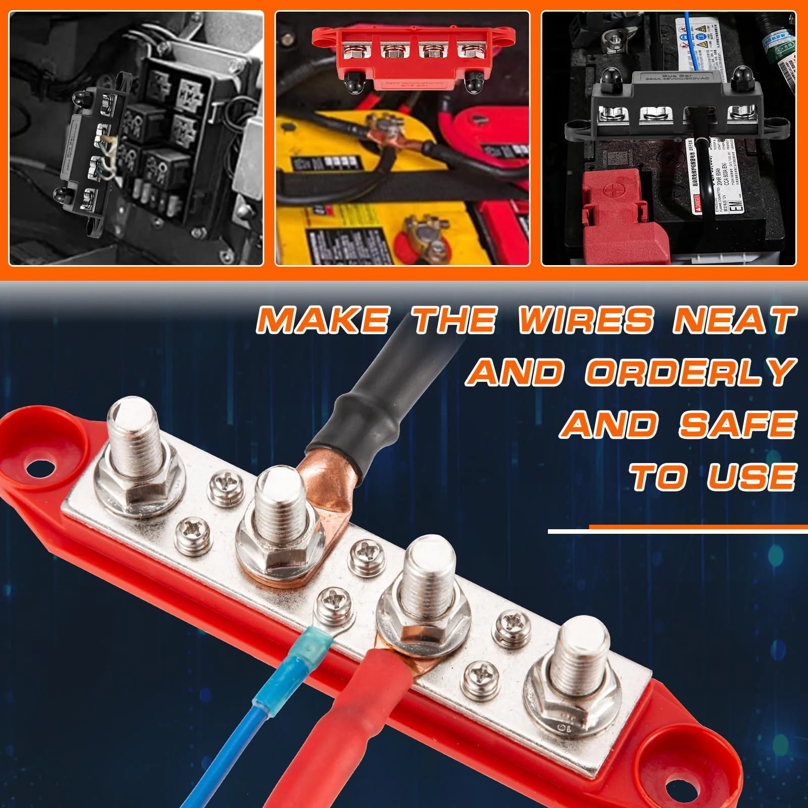 250 A 12 V Busbar 4 x M8 (5/16 Inch) Terminal Bolts DC Bus Bars Distribution Block with Cover, Negative & Positive High Performance Module BusBar Box for Car, Boat, Solar System (M8) - Image 5