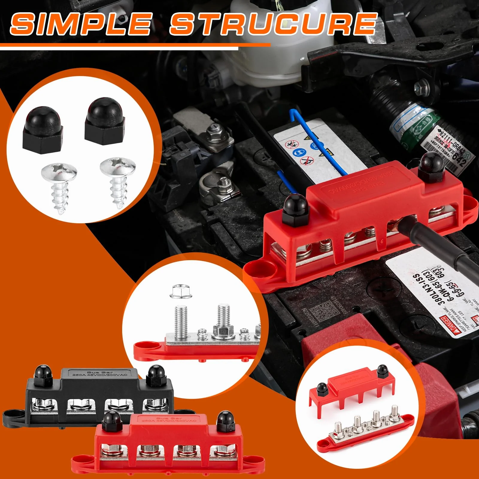 250 A 12 V Busbar 4 x M8 (5/16 Inch) Terminal Bolts DC Bus Bars Distribution Block with Cover, Negative & Positive High Performance Module BusBar Box for Car, Boat, Solar System (M8) - Image 6