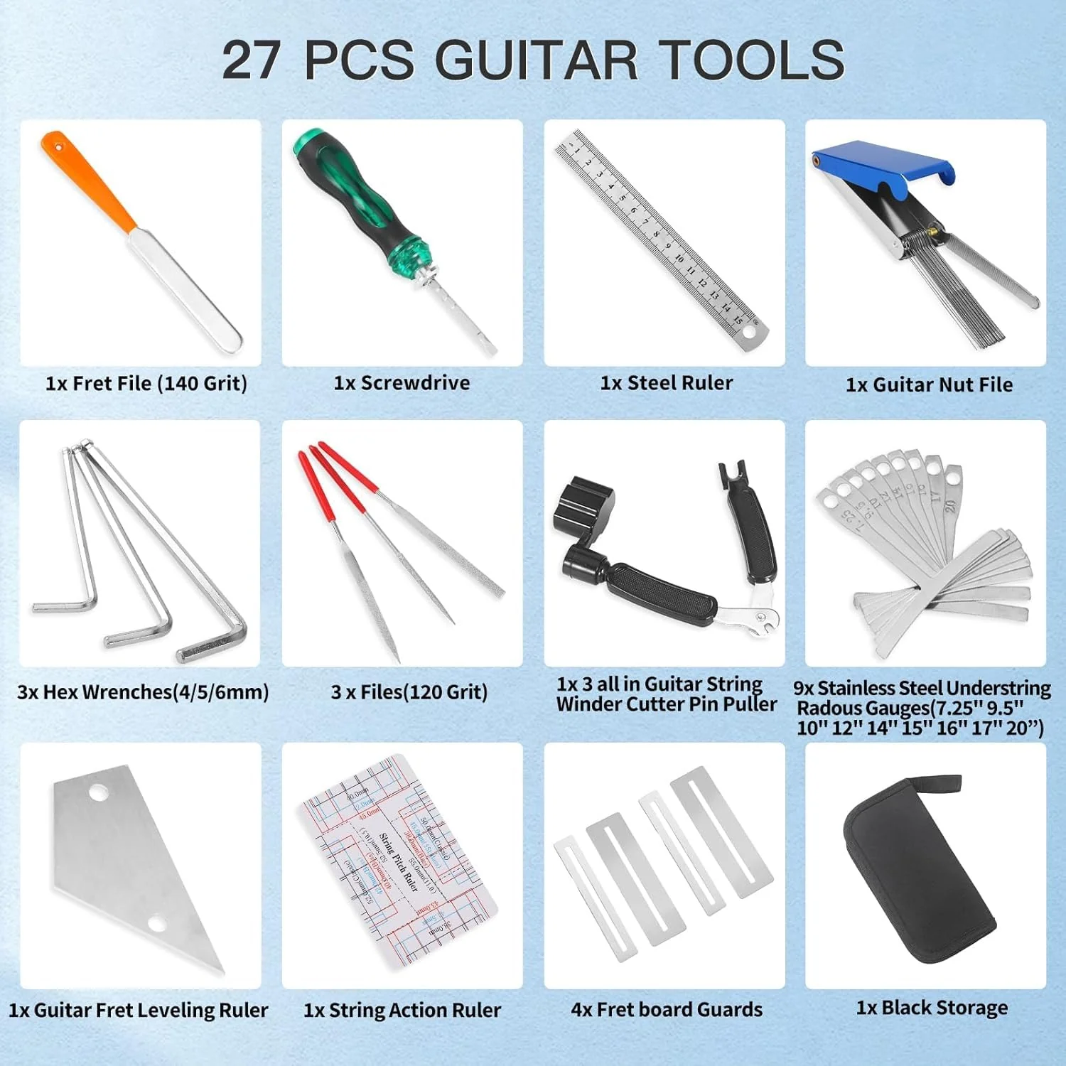 27 PCS Guitar Tools for Set Up, Intonation Adjustment and Repair, Guitar Maintenance Kit for Guitar Bass Banjo and Ukulele, Guitar Gift for Guitar Enthusiast - Image 2