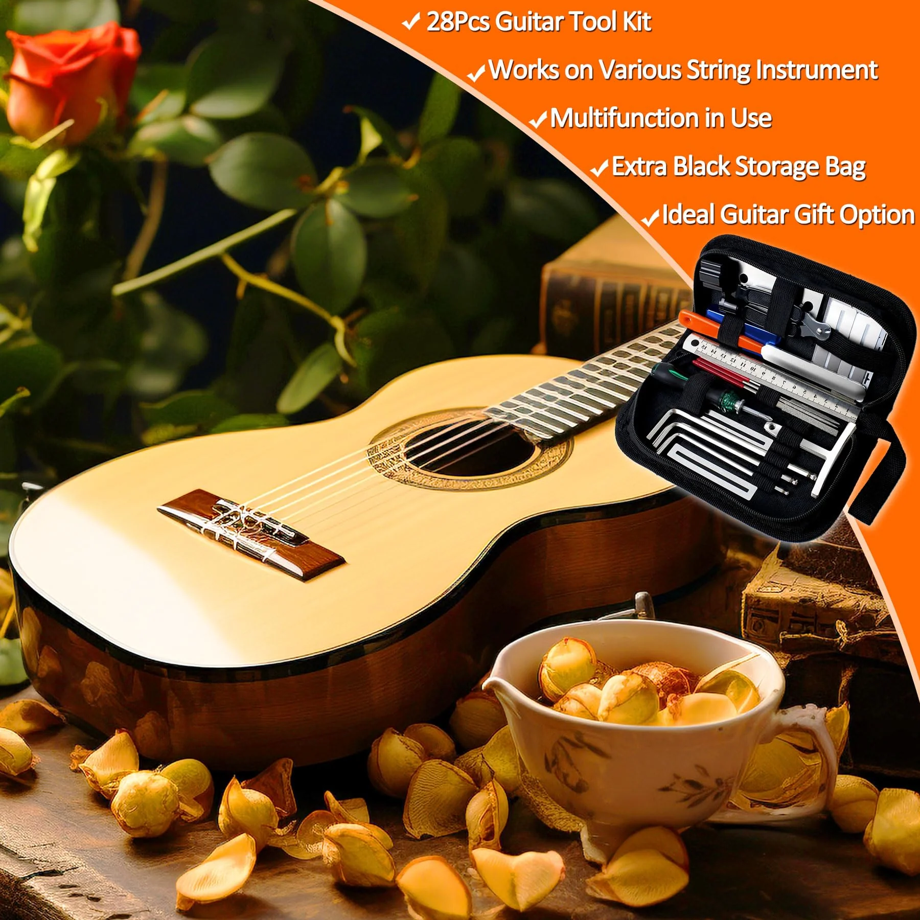 28Pcs Guitar Tool Kit, Guitar Accessories Gifts for Men, Guitar Maintenance Kit with Carry Bag, Guitar Repair Kit for Acoustic Electric Guitar Ukulele Bass Banjo, TIMDAM Guitar Setup Kit Guitar Gifts 28 Pcs - Image 7