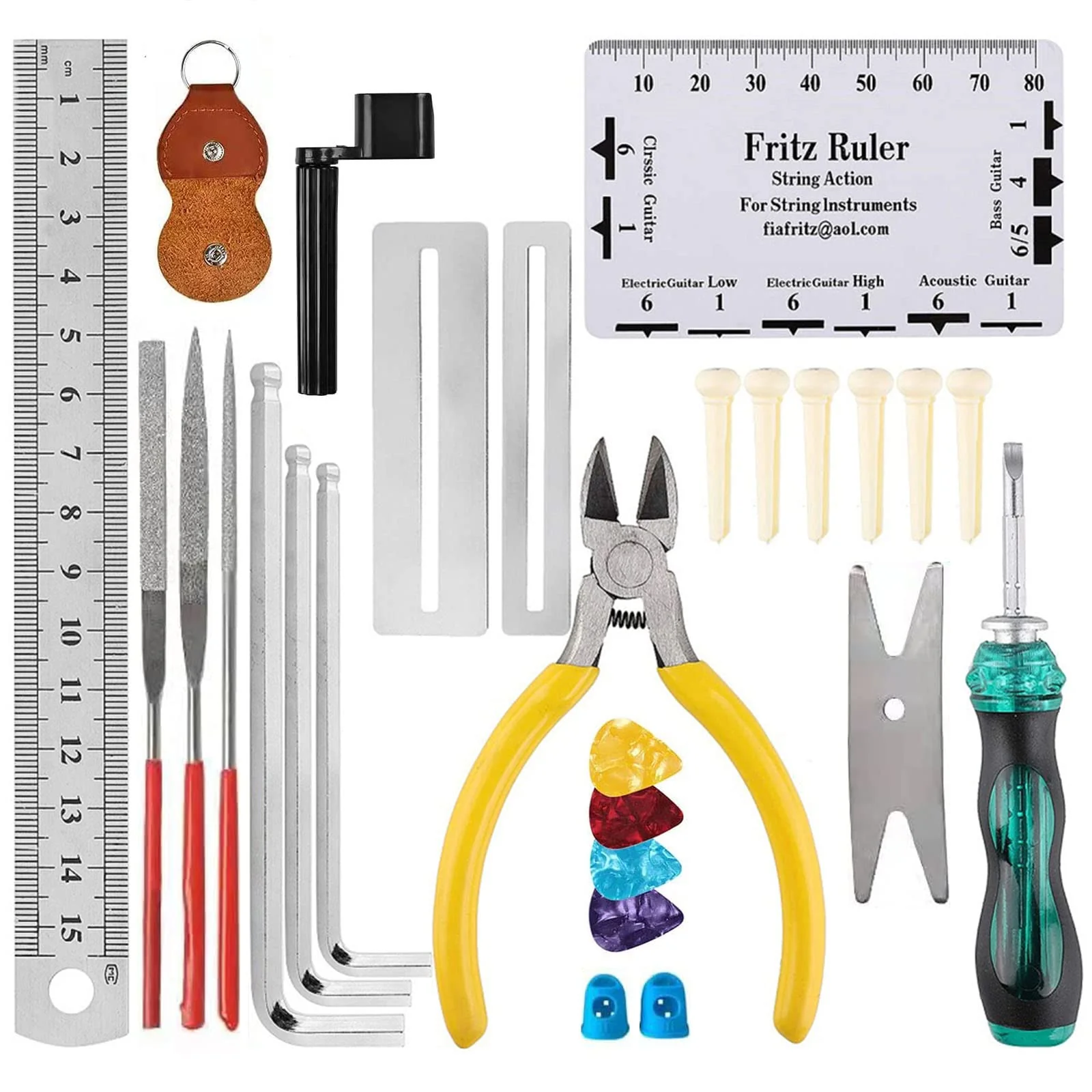 28PCS Guitar Tool Kit,Guitar Repair Tools Kit,Professional Guitar Repairing Maintenance Tool Kit with Wire Plier String Organizer Fingerboard Protector Hex Wrenches Files String Action Ruler Spanner 28PCS - Image 9