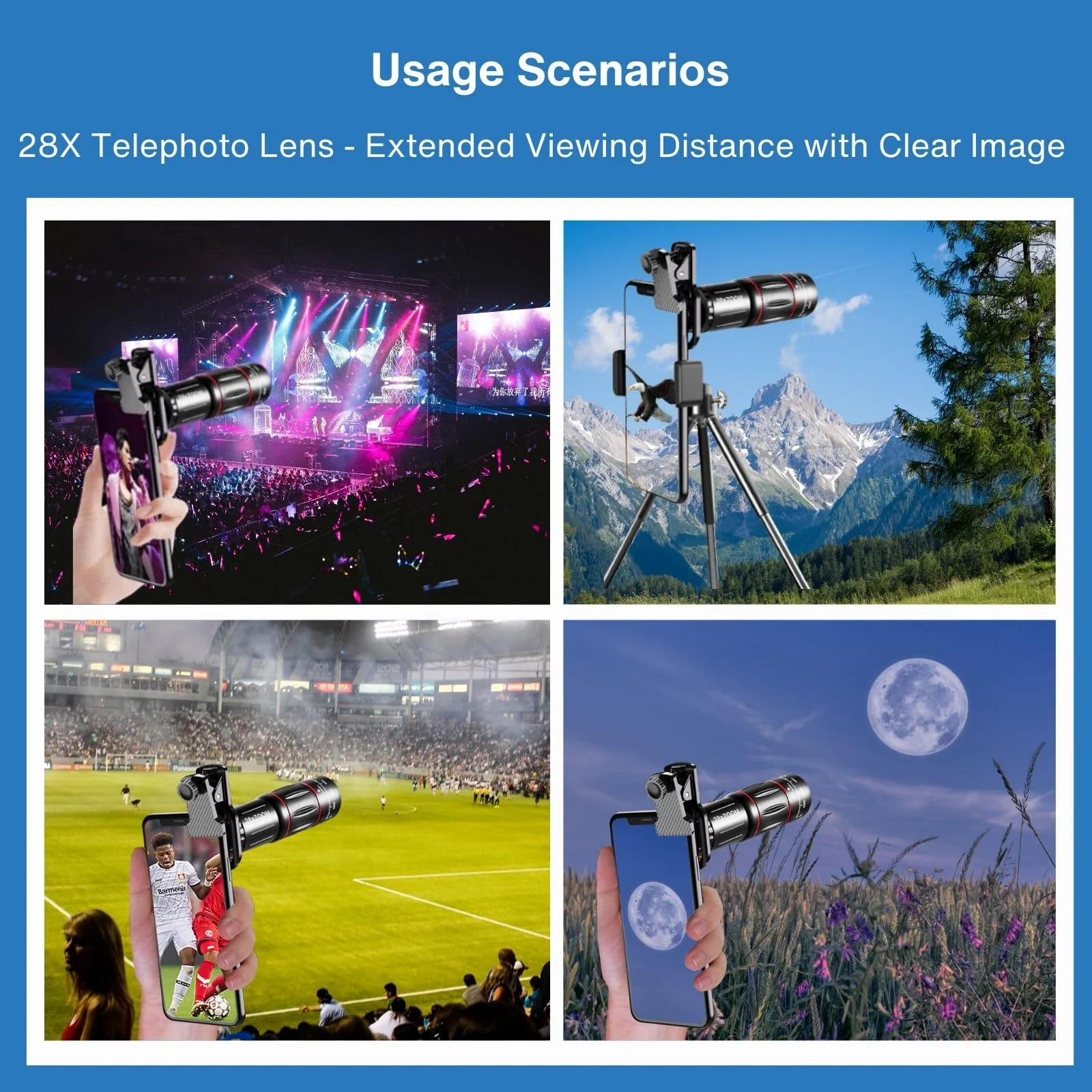 28x Optical Zoom HD Phone Camera Lens 5 in 1 Kit for iPhone and Android with Tripod + Telephone Zoom Lens + Lens Cover + Clips, Support Hand-held, Eye View, Spot Shooting, 4K HD Telephoto - Image 3
