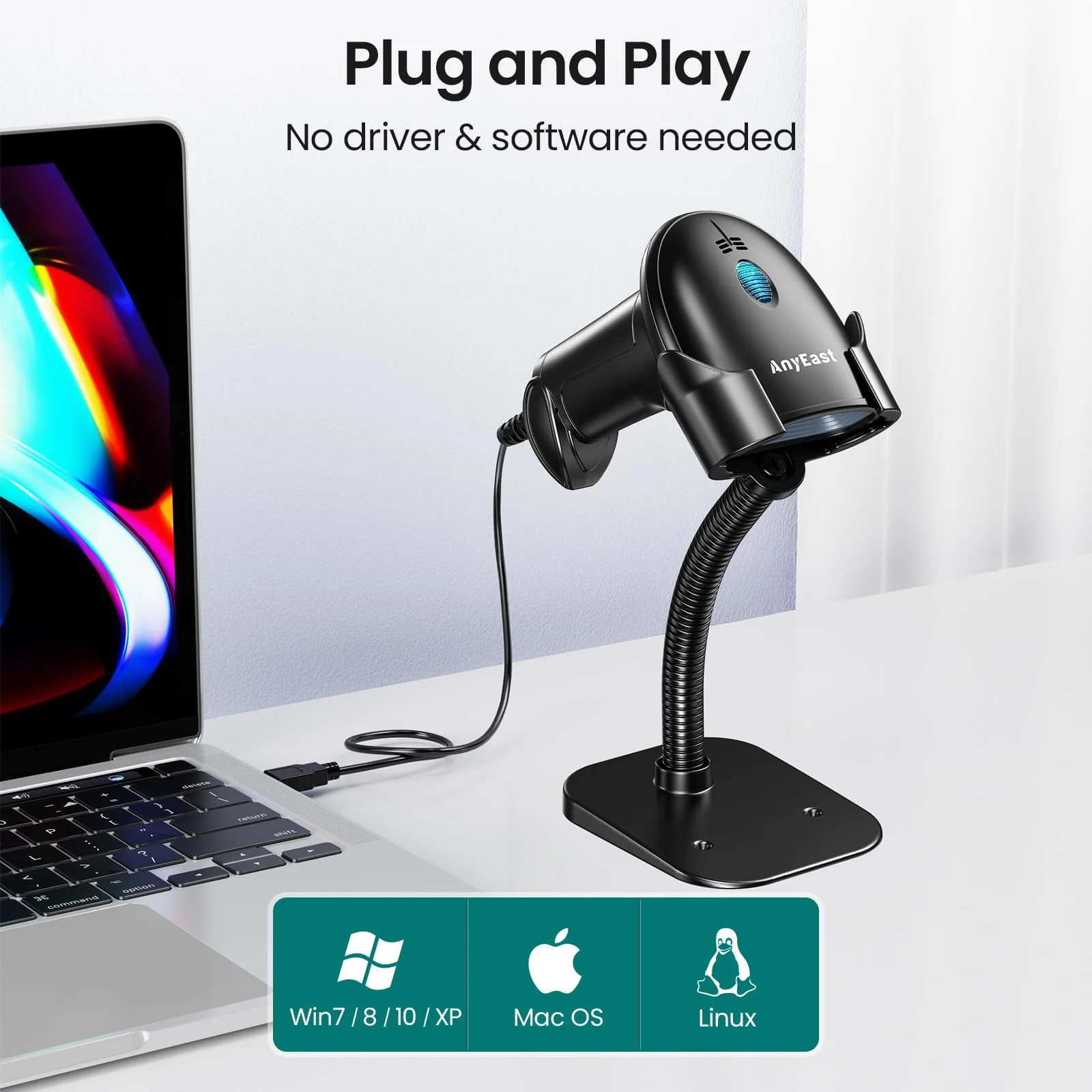 2D 1D Barcode Scanner : USB Wired Inventory QR Scanner with Stand for Computer POS MAC with Automatic Scanning, Handheld CMOS Image Bar Code Reader for Warehouse Library Supermarket Grey-AT003 - Image 2
