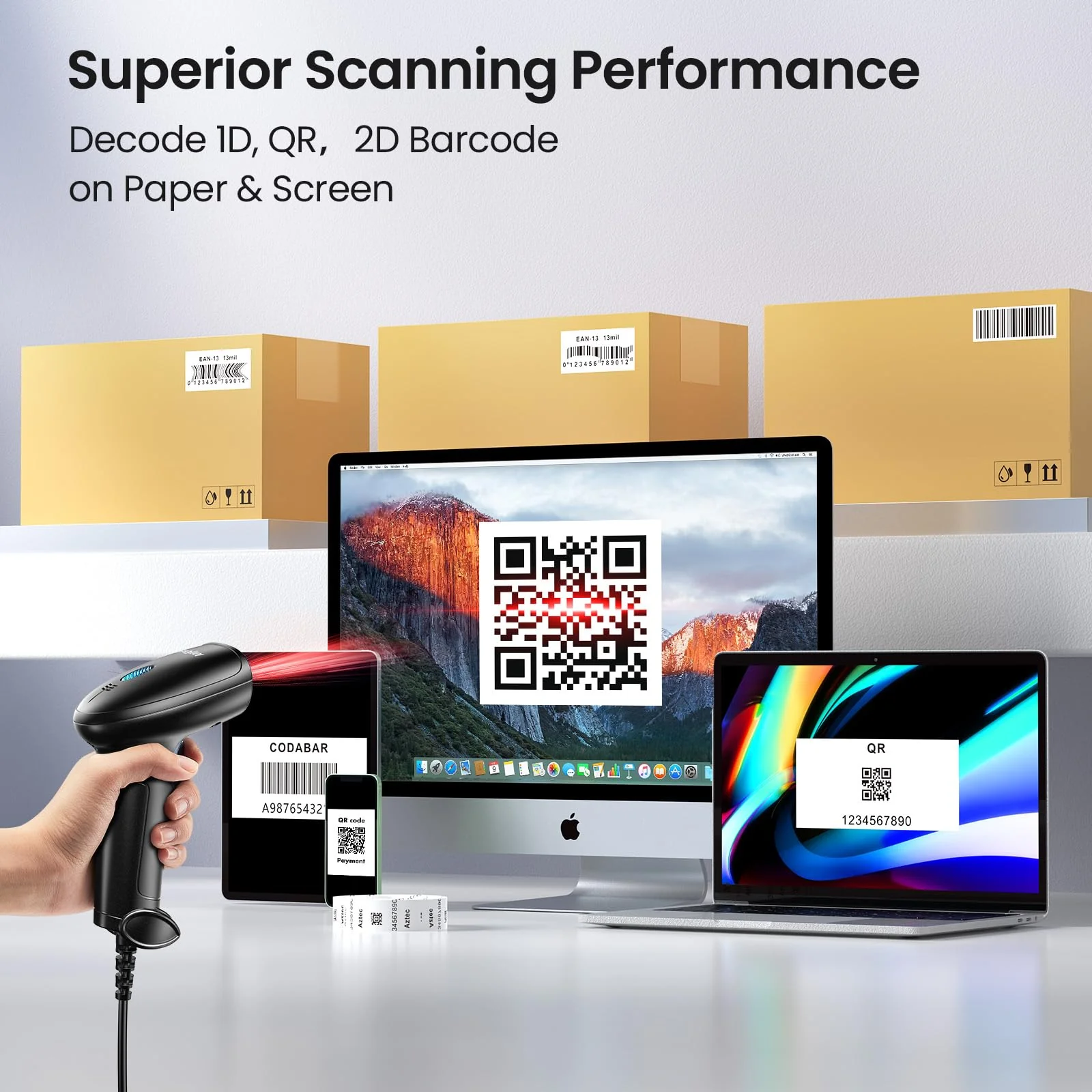 2D 1D Barcode Scanner : USB Wired Inventory QR Scanner with Stand for Computer POS MAC with Automatic Scanning, Handheld CMOS Image Bar Code Reader for Warehouse Library Supermarket Grey-AT003 - Image 3