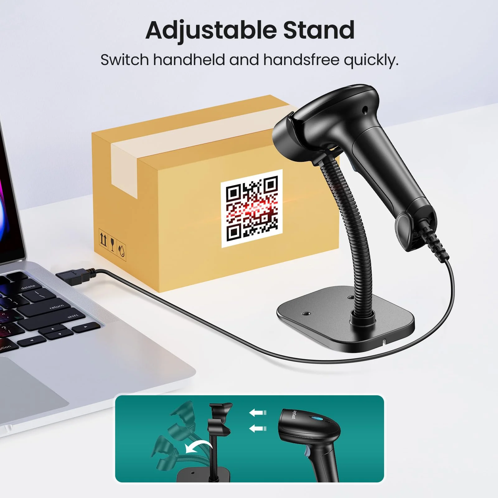 2D 1D Barcode Scanner : USB Wired Inventory QR Scanner with Stand for Computer POS MAC with Automatic Scanning, Handheld CMOS Image Bar Code Reader for Warehouse Library Supermarket Grey-AT003 - Image 5