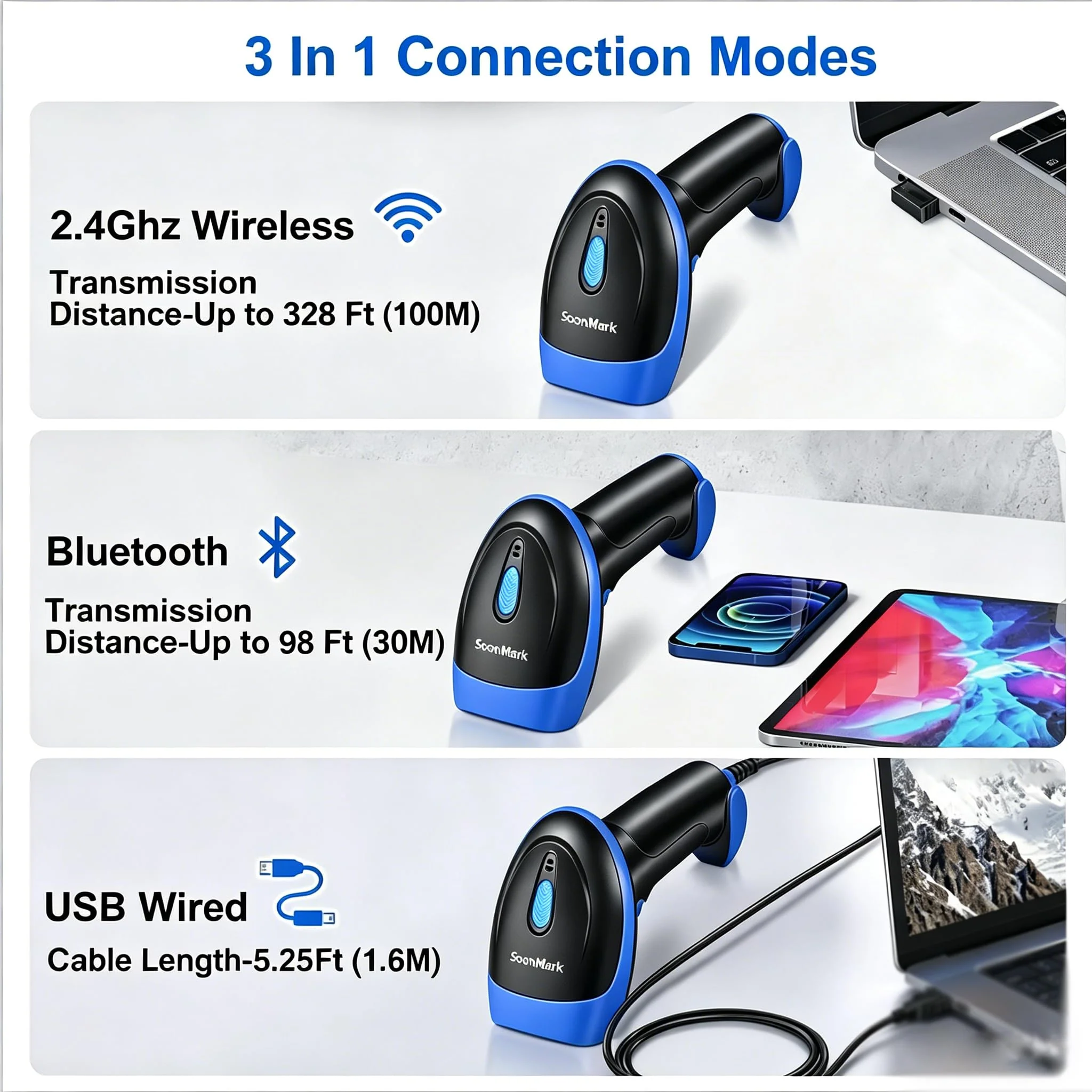 2D Bluetooth Wireless Scanner, QR 1D Bar Code Scanners Handheld Barcode Reader with Updated 640 X 480 Pixel CMOS, Plug & Play USB Barcode Scanner for iPhone, Android, iPad, Tablet, PC Computers 1D 2D USB Wired +2.4 G Wireless +Bluetooth (3 in 1 ) - Image 3