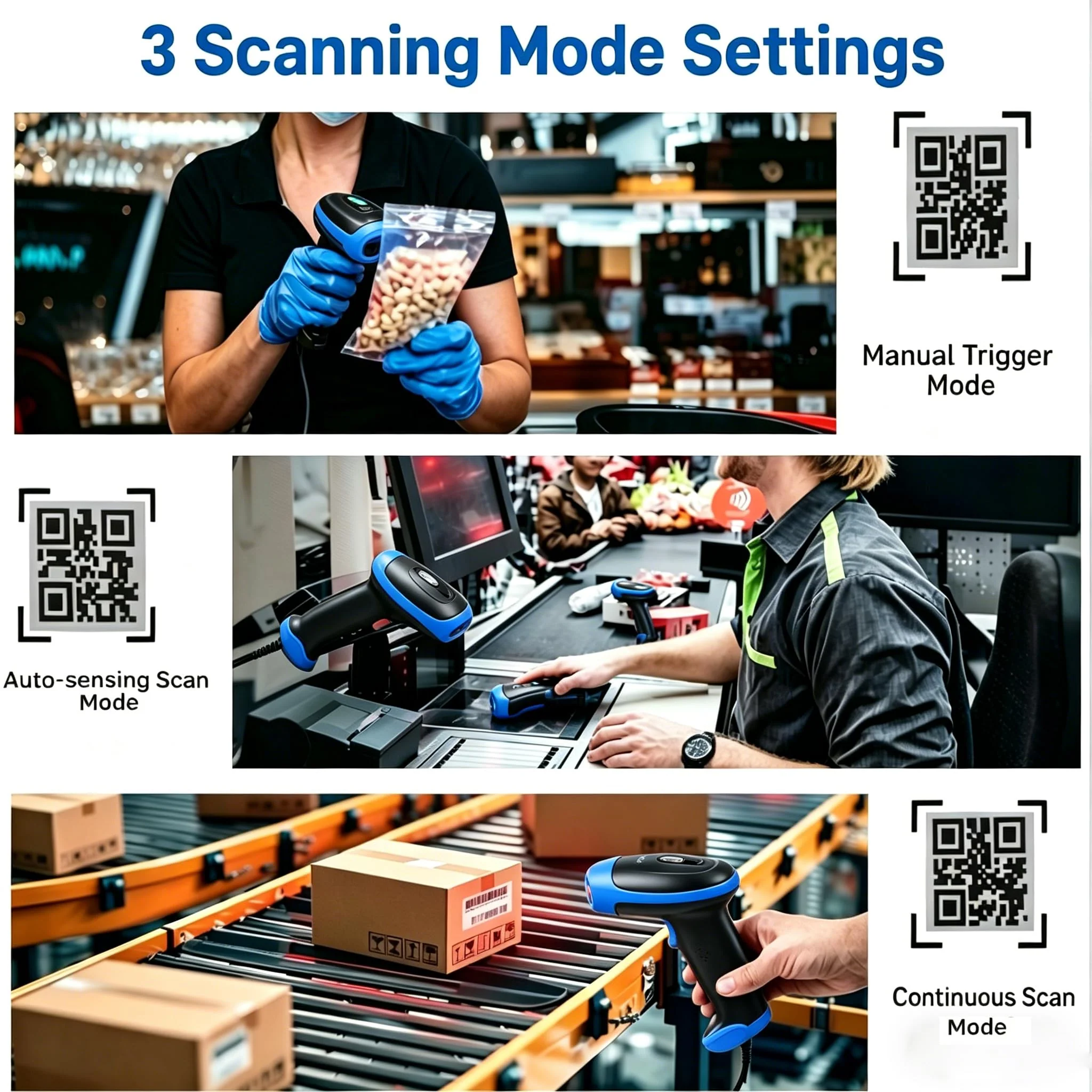 2D Bluetooth Wireless Scanner, QR 1D Bar Code Scanners Handheld Barcode Reader with Updated 640 X 480 Pixel CMOS, Plug & Play USB Barcode Scanner for iPhone, Android, iPad, Tablet, PC Computers 1D 2D USB Wired +2.4 G Wireless +Bluetooth (3 in 1 ) - Image 5