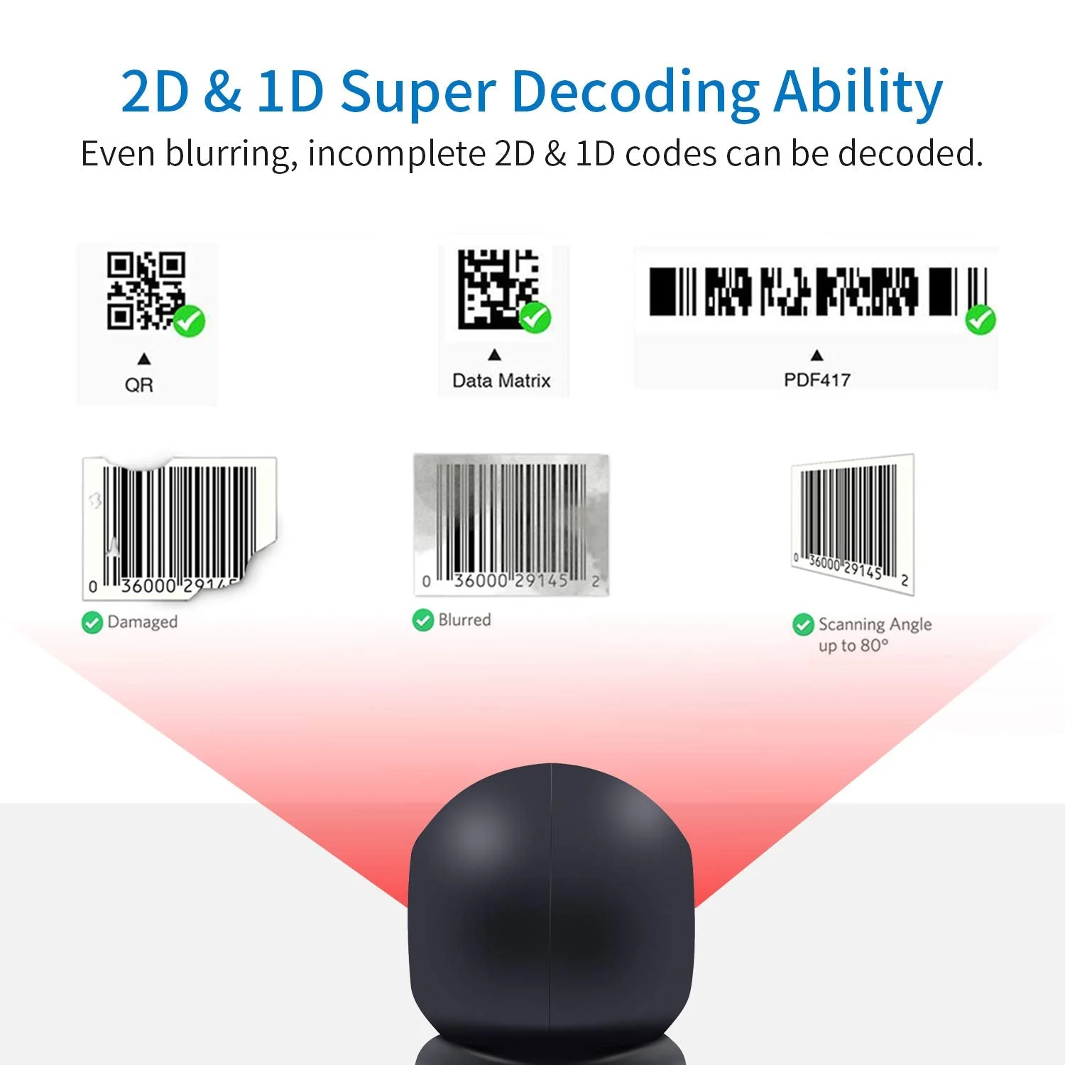 2D QR Barcode Scanner,Symcode Omnidirectional Hands-Free Automatic Barcode Reader for Mobile Payment Computer Screen ScanMeters Hands-Free Scanner Black - Image 2
