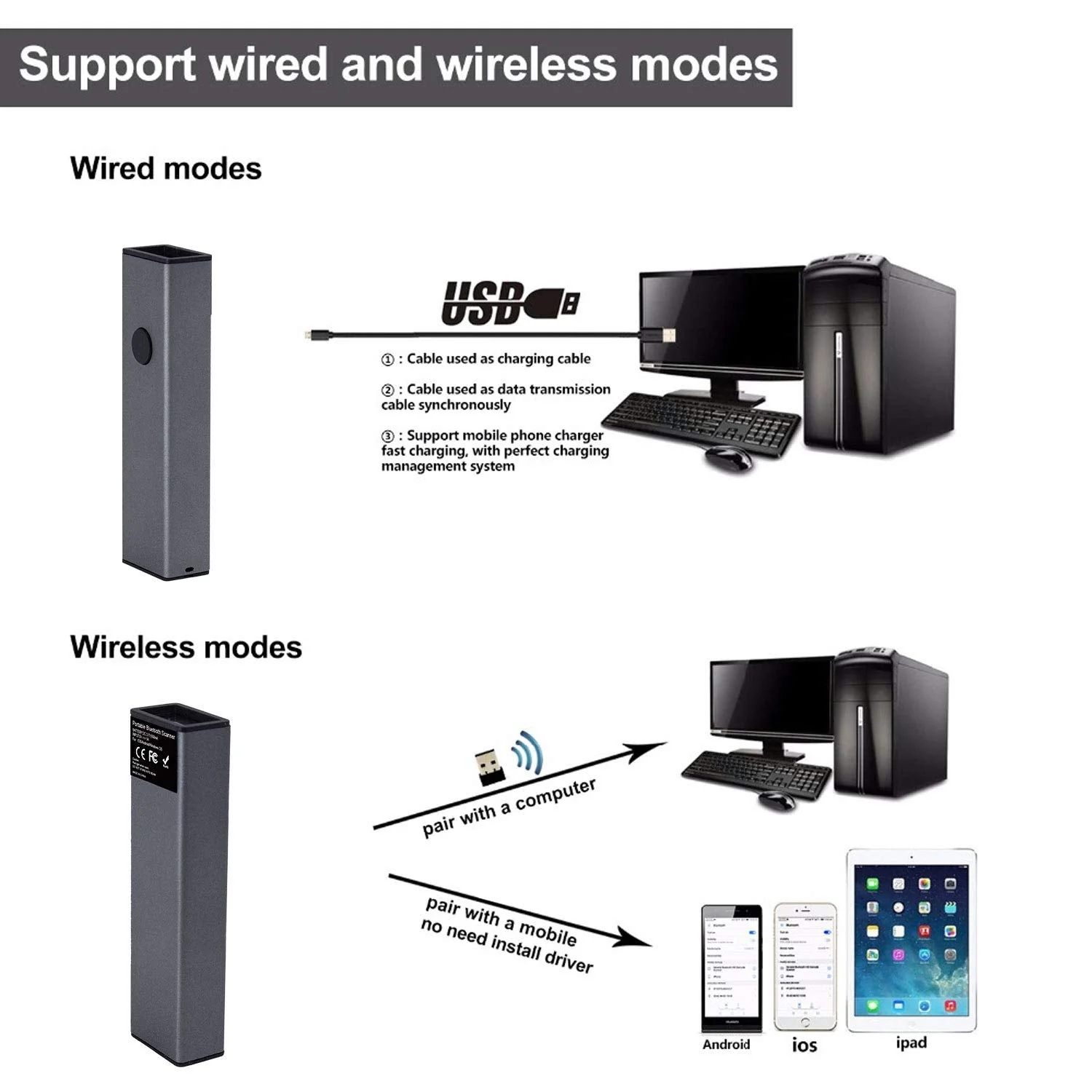 2D QR Wireless Bluetooth Alloy Metal Barcode Scanner,Symcode Portable Handheld Barcode Reader Scanner 3-in-1 Aluminum Alloy Metal Outer Box Barcode Scanner - Image 4