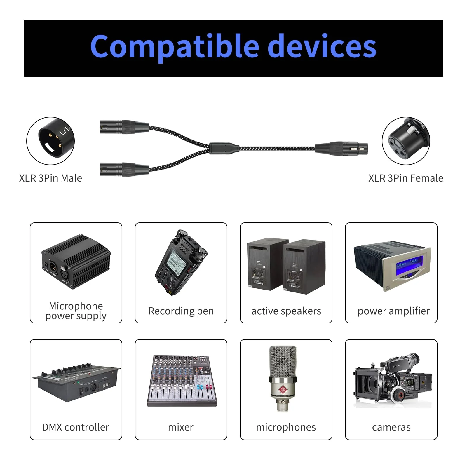 2FT XLR Female to Dual Male Cable – 3pin XLR Y-Splitter Adapter for PA Systems & Multi-Device Routing 2-Pack 1 Female to 2 Male - Image 7