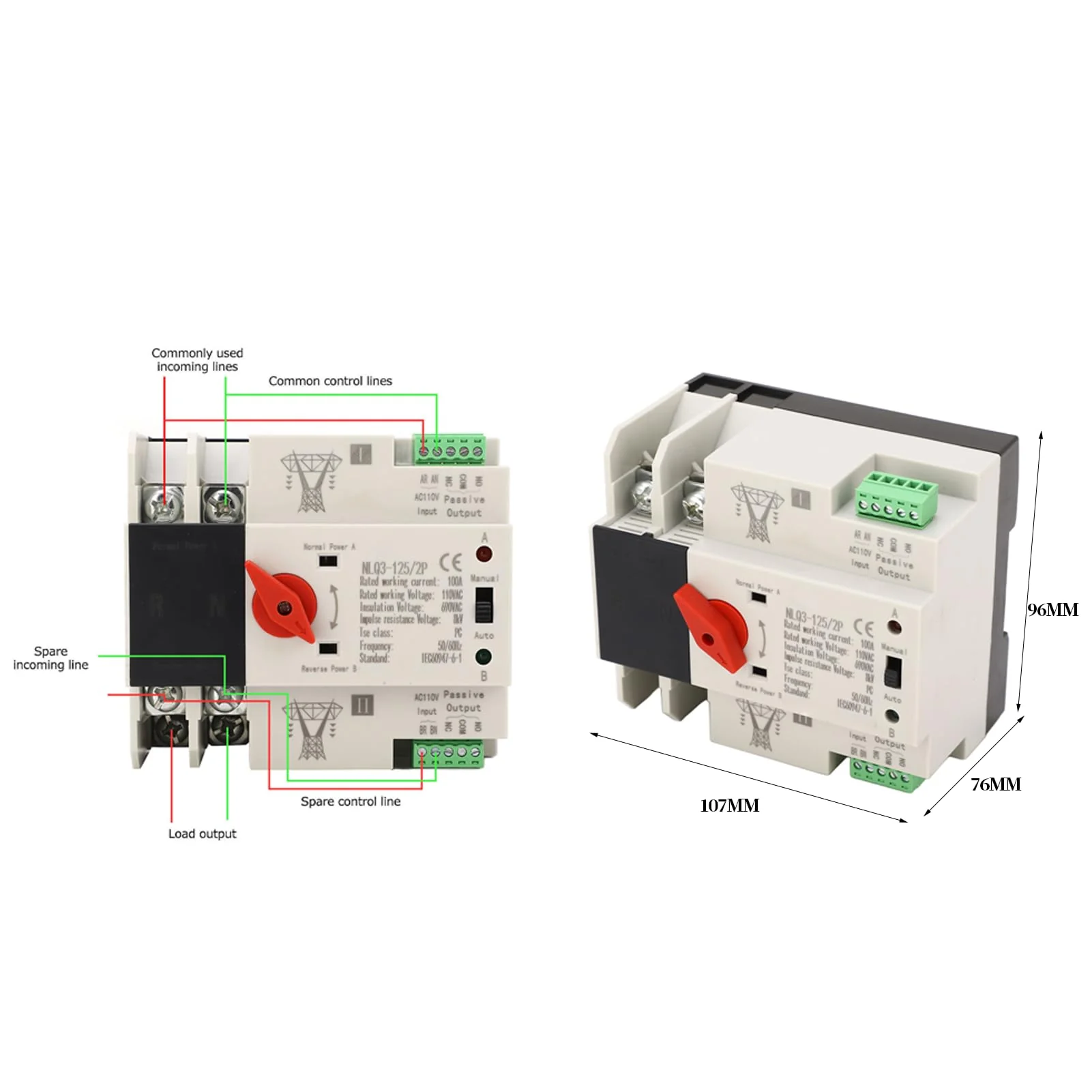 2P ATS Automatic Transfer Switch Din Rail Mounted Power Generator Changeover Switch Electrical Selector Switches AC110V 100A - Image 2