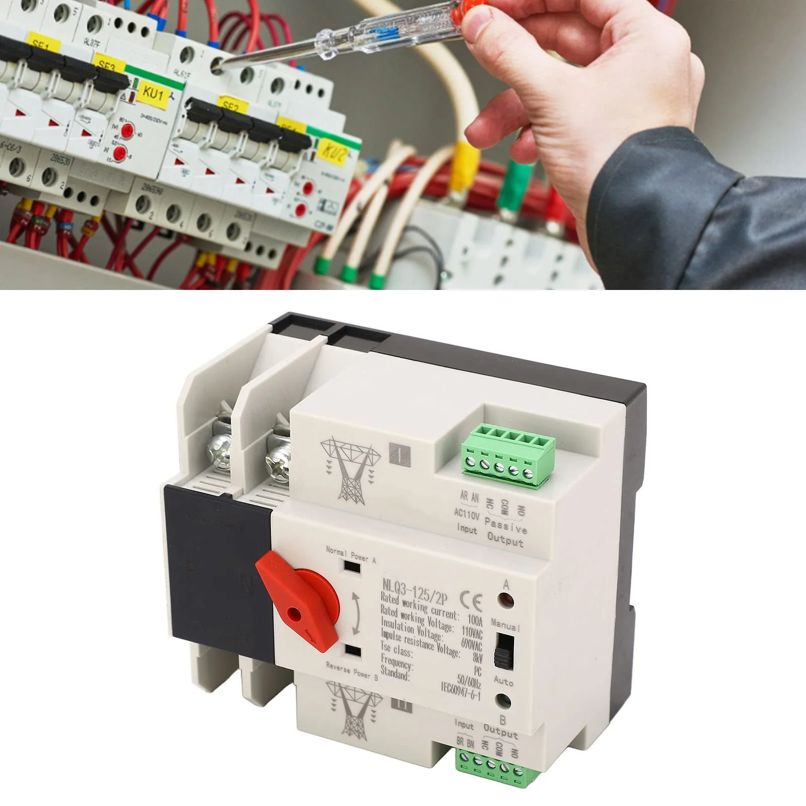 2P ATS Automatic Transfer Switch Din Rail Mounted Power Generator Changeover Switch Electrical Selector Switches AC110V 100A - Image 9