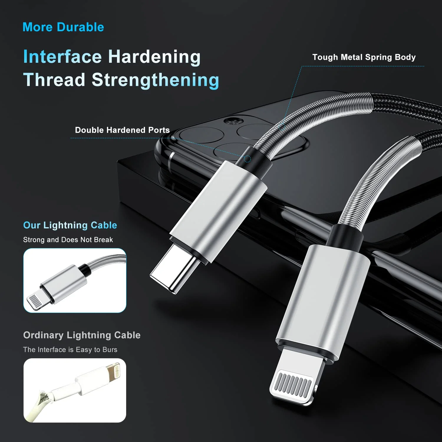 2Pack 10ft iPhone Fast Charger Cable, [Apple MFi Certified] Long USB C to Lightning Cable 10 Foot, High Fast 10 Feet Apple Charging Cord for Apple iPhone 14/14 Pro Max/13 Mini/12/11/XS/XR/8/7Plus,iPad Lightning Silver - Image 4
