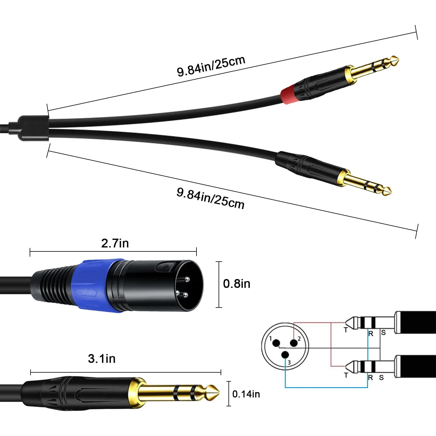 2Pack 6.35mm Dual TRS to XLR Male Cable for Microphone, Mixer, Amplifier, 1.5 FT, 1/4 TRS to XLR Audio Cable, Y Splitter Patch Cord, 3-Pinxlr to Dual 1/4 Male Converter Adapter Cable 1.5Ft, 2Pack Dual 1/4 to XLR Male - Image 5