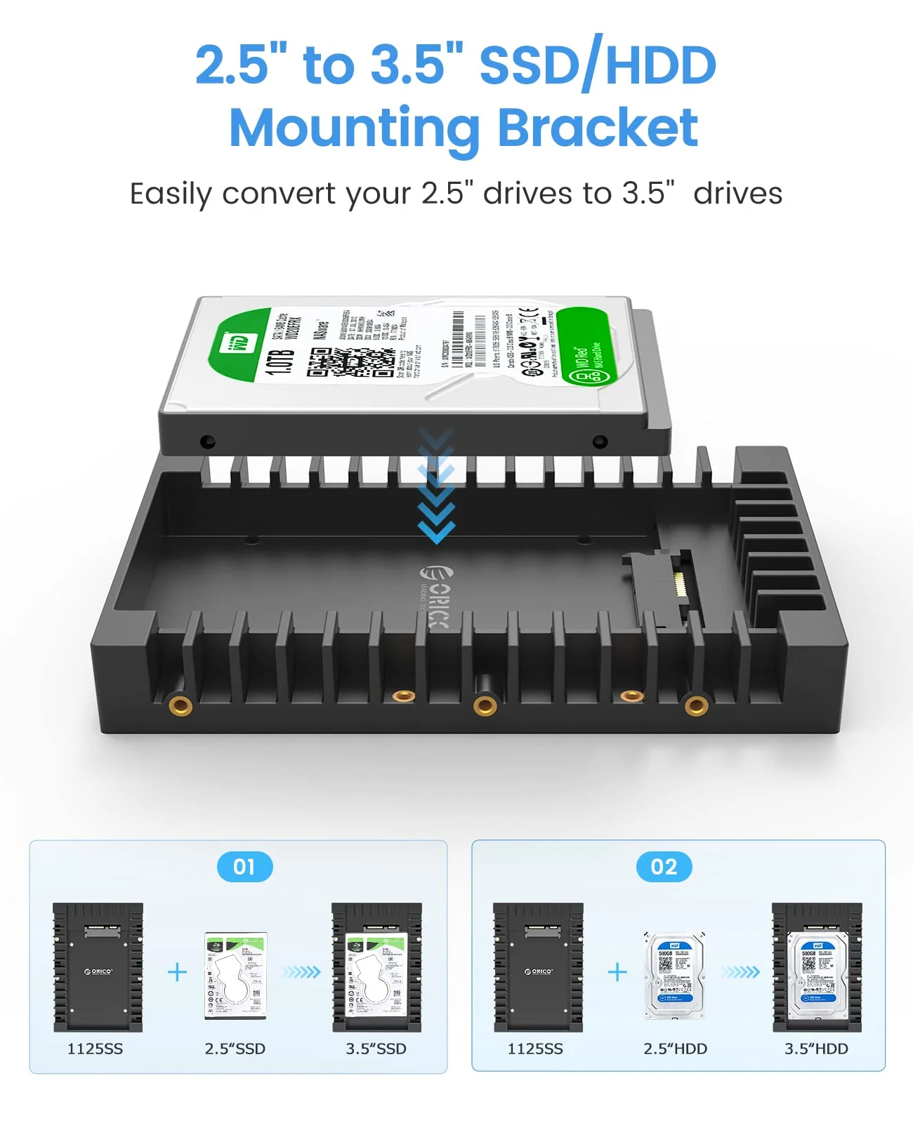 [2Packs] ORICO 2.5 SSD SATA to 3.5 Hard Drive Adapter Internal Drive Bay Converter Mounting Bracket Caddy Tray for 7 / 9.5 / 12.5mm 2.5 inch HDD / SSD with SATA III Interface(1125SS-2) - Image 2