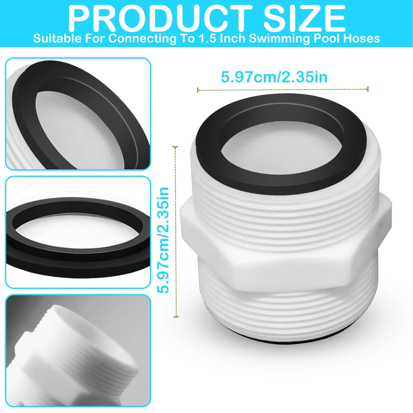 2Pcs 1.5’to 1.5’ Pool Hose Adapter, Pool Hose Connector Coupling Above Ground Pool Hose Adapter Compatible with Intex, Garden Hose Extender with 2 Rings Gaskets for 1.5 Inch Above Ground Pool Hose 2pcs - Image 2