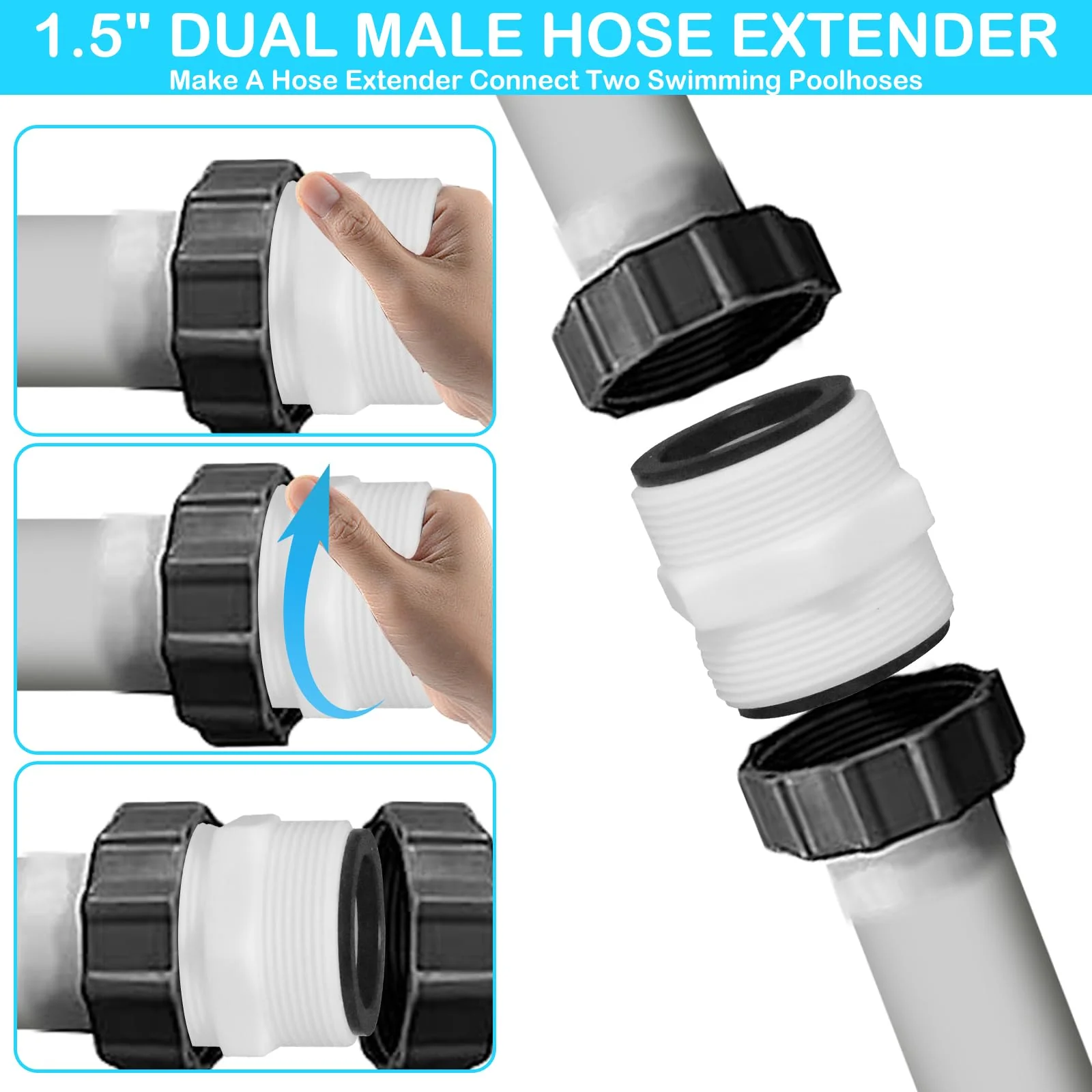 2Pcs 1.5’to 1.5’ Pool Hose Adapter, Pool Hose Connector Coupling Above Ground Pool Hose Adapter Compatible with Intex, Garden Hose Extender with 2 Rings Gaskets for 1.5 Inch Above Ground Pool Hose 2pcs - Image 5