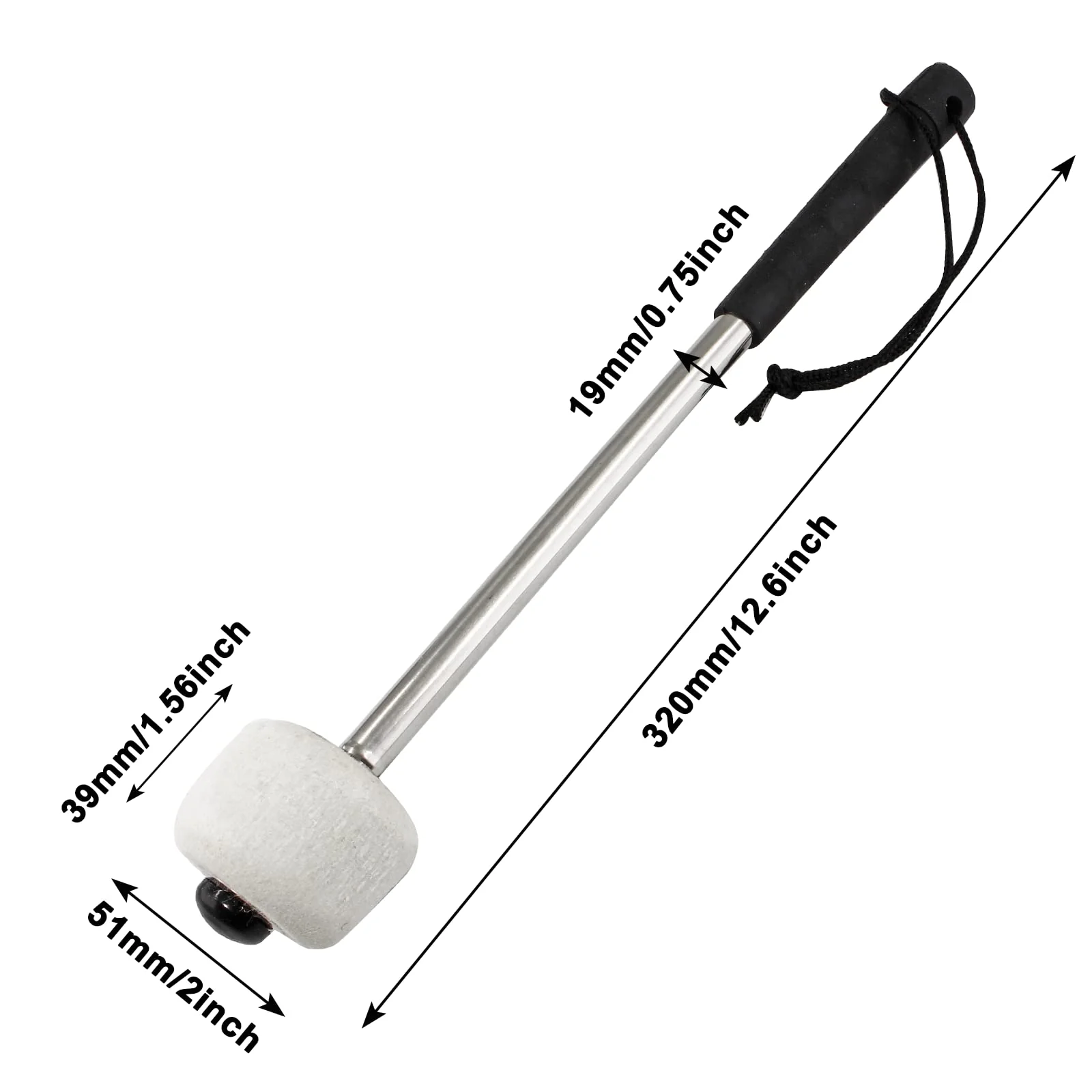2Pcs Bass Drum Mallet, 12.6 Inch Wool Felt Head Drum Mallet Stick Anti-slip Bass Percussion Sticks Instrument Band Accessory for Drums Snare Drums (Stainless Steel) Black Handle Cover - Image 2