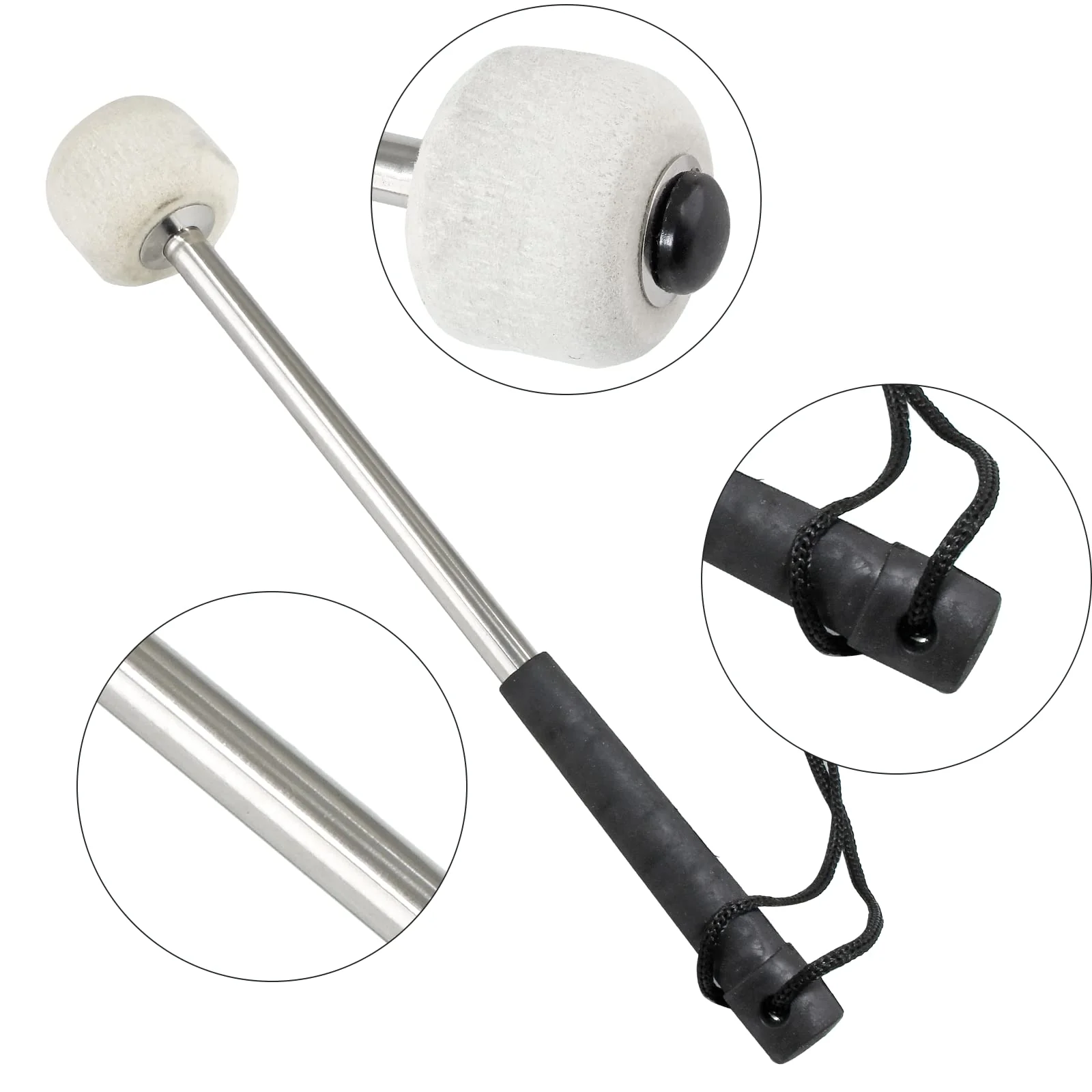 2Pcs Bass Drum Mallet, 12.6 Inch Wool Felt Head Drum Mallet Stick Anti-slip Bass Percussion Sticks Instrument Band Accessory for Drums Snare Drums (Stainless Steel) Black Handle Cover - Image 3