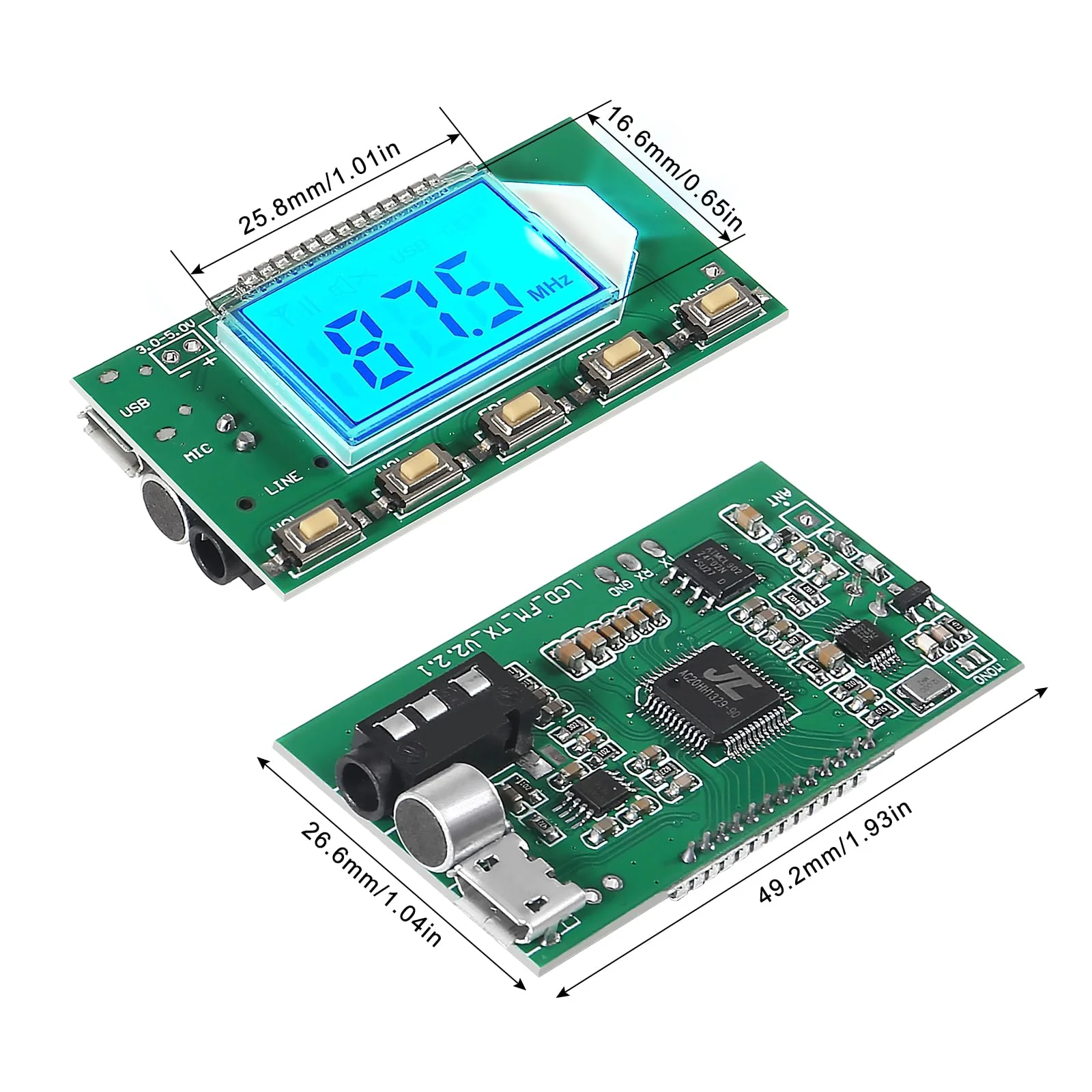 2PCS DC 3V-5V FM Transmitter Module DSP PLL 87-108MHz Stereo Digital Wireless Microphone Board Multi-Function Frequency Modulation with LCD Display Line/USB/Mic Input - Image 2