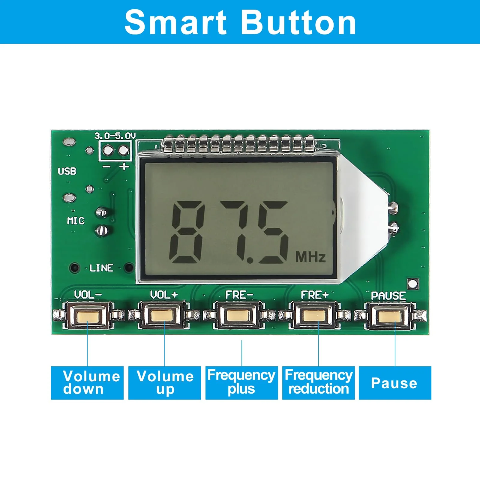 2PCS DC 3V-5V FM Transmitter Module DSP PLL 87-108MHz Stereo Digital Wireless Microphone Board Multi-Function Frequency Modulation with LCD Display Line/USB/Mic Input - Image 3