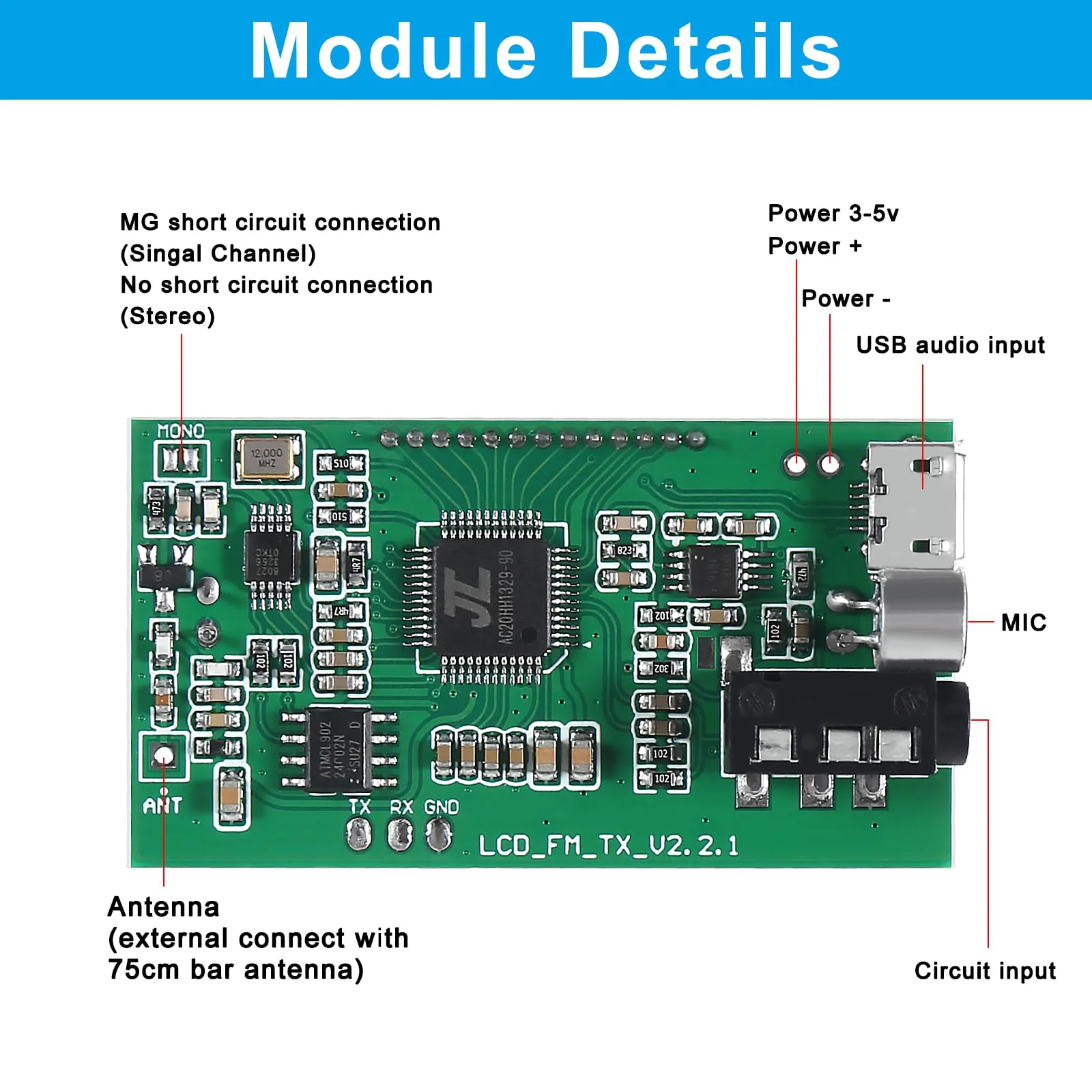 2PCS DC 3V-5V FM Transmitter Module DSP PLL 87-108MHz Stereo Digital Wireless Microphone Board Multi-Function Frequency Modulation with LCD Display Line/USB/Mic Input - Image 4