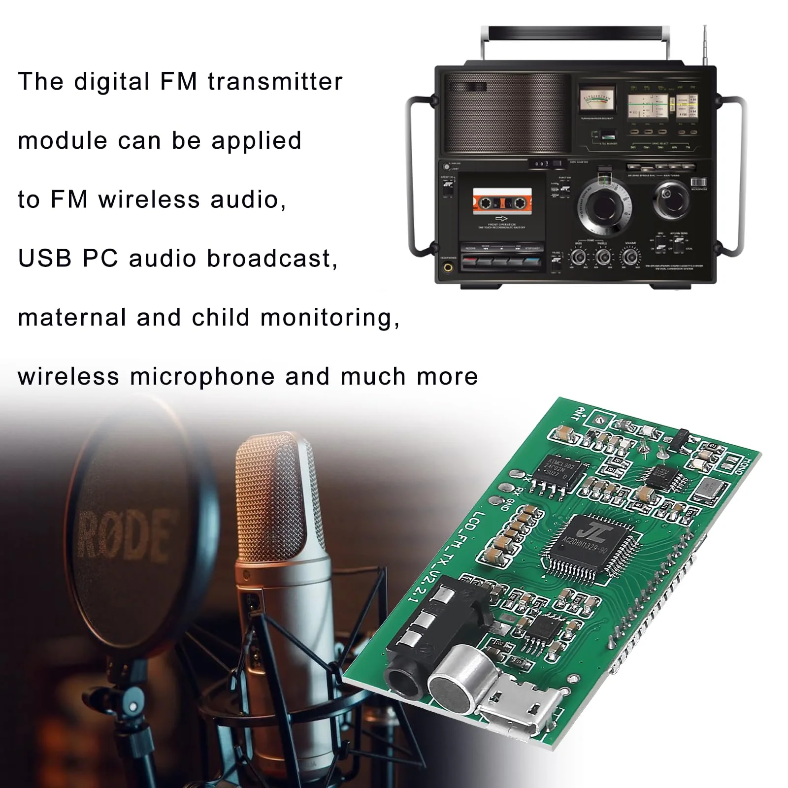 2PCS DC 3V-5V FM Transmitter Module DSP PLL 87-108MHz Stereo Digital Wireless Microphone Board Multi-Function Frequency Modulation with LCD Display Line/USB/Mic Input - Image 5