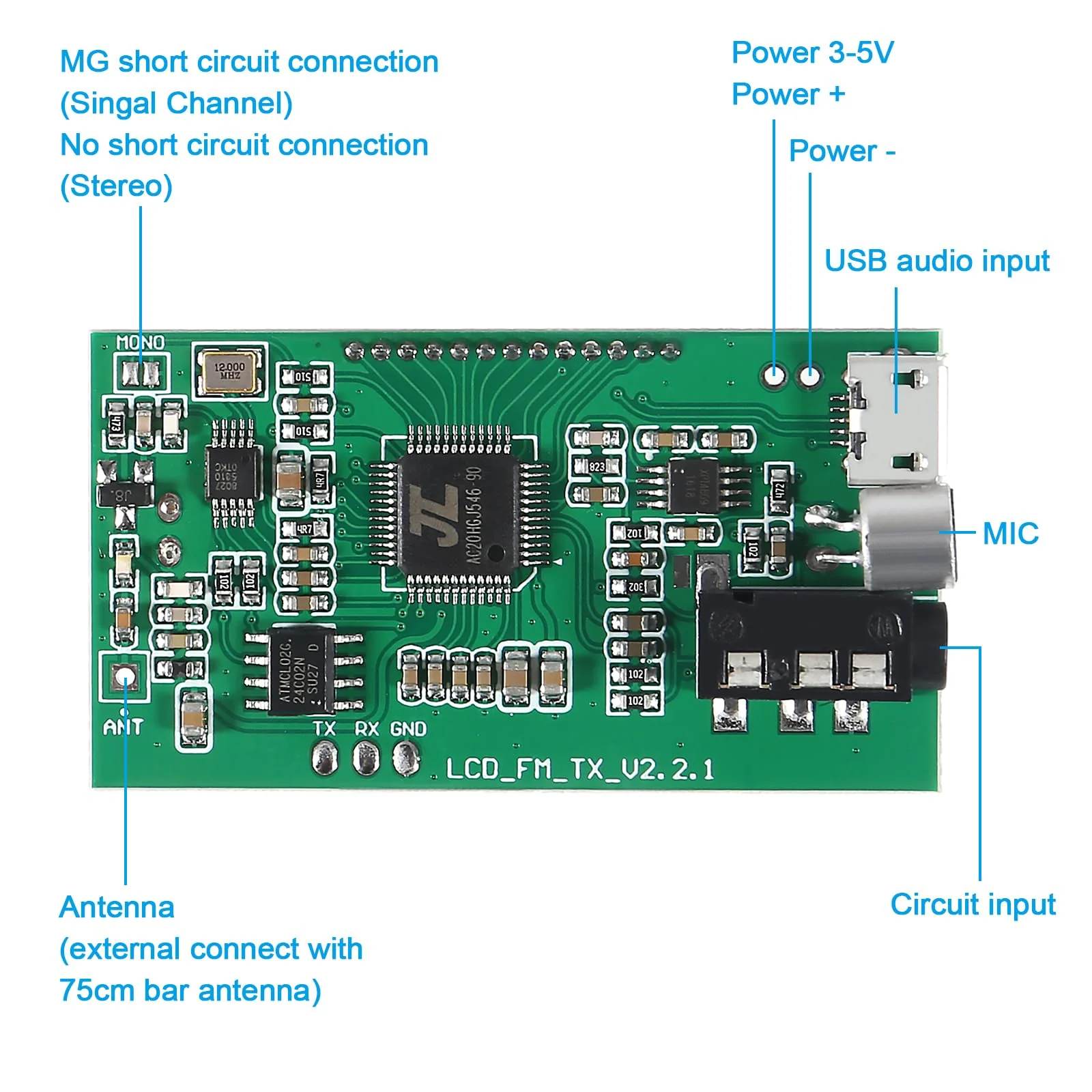 2pcs DC 3V-5V FM Transmitter Module Stereo FM Transmitter DSP PLL 87-108MHz Stereo Digital Wireless Microphone Board Multi-Function Frequency Modulation with LCD Display Line/USB/Mic Input Pushbutton Edition - Image 4