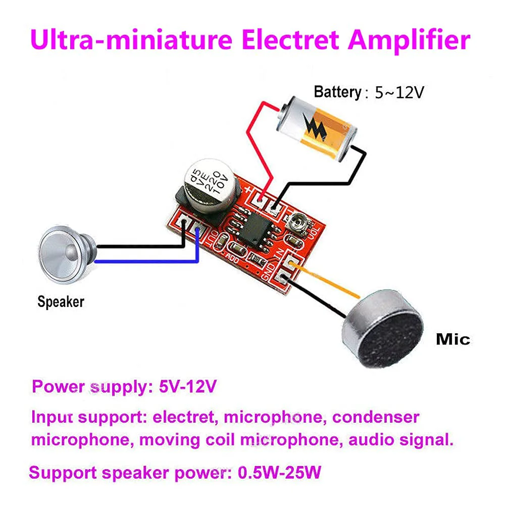 2PCS DC 5V-12V 6V 9V Micro Electret Microphone Amplifier Mini MIC Condenser Microphone Audio Amplifier Board Adjustable Gain 750mW LM386 AMP Module - Image 3