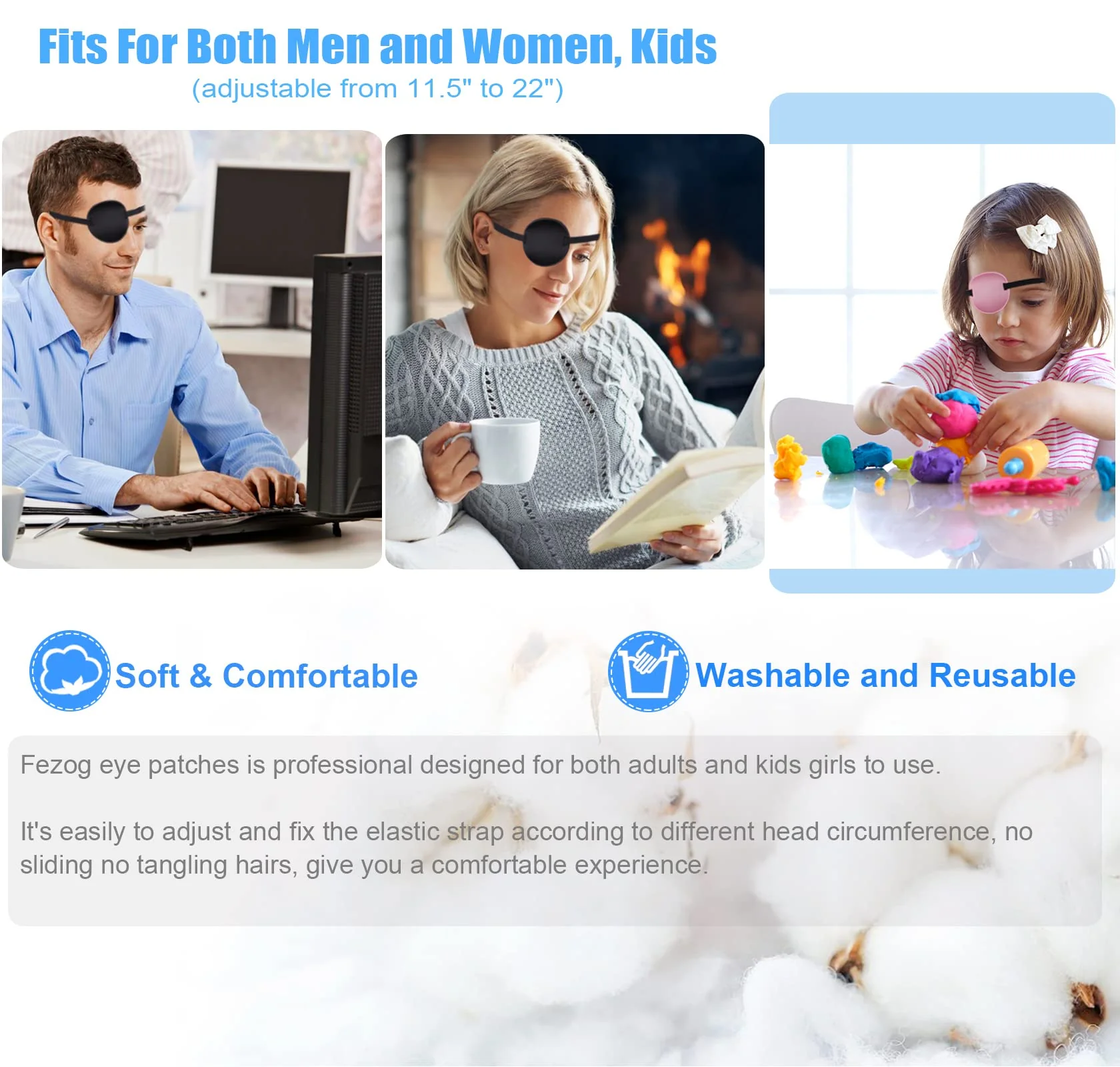 2PCS Eye Patches for Adults Kids, Medical Eye Patch Adjustable Eyepatch for Right/Left Eye, Amblyopia Lazy Patches Black+black - Image 5