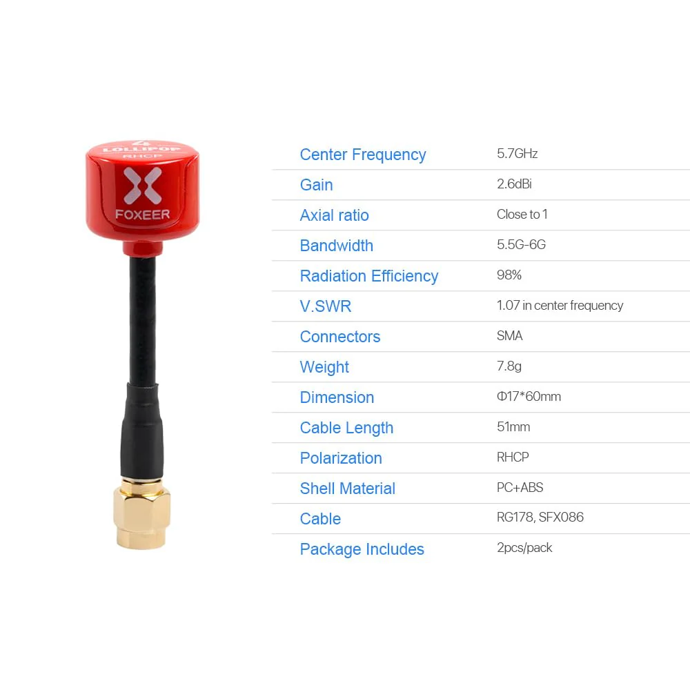 2pcs FOXEER FPV Antenna Lollipop 4 Updated Version 5.8GHz RHCP 2.5Dbi SMA for FPV Racing Drone Fatshark Goggles TX RX Lollipop 4 SMA Red - Image 7
