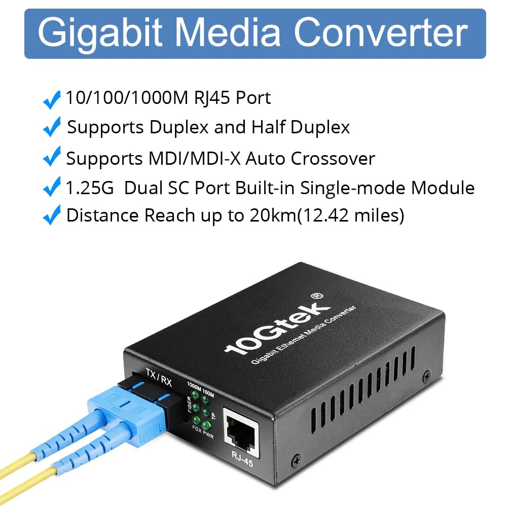 2PCS Gigabit SC to RJ45 Fiber Media Converter, Single Mode to Ethernet Converter 10/100/1000Mbps RJ45 Port to 1000Mbps Single Mode Dual SC Port, SMF, 1310nm, up to 20km, Auto-Negotiation X2 SMF,SC,20km - Image 2