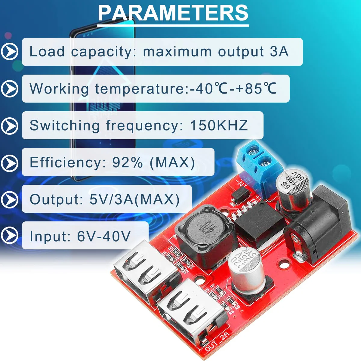 2PCS LM2596S Dual USB Port DC-DC Step Down Module 9V/12V/24V/36V to 5V Car Charger Solar 3A Power Supply Module Dual USB Output 150KHZ - Image 2