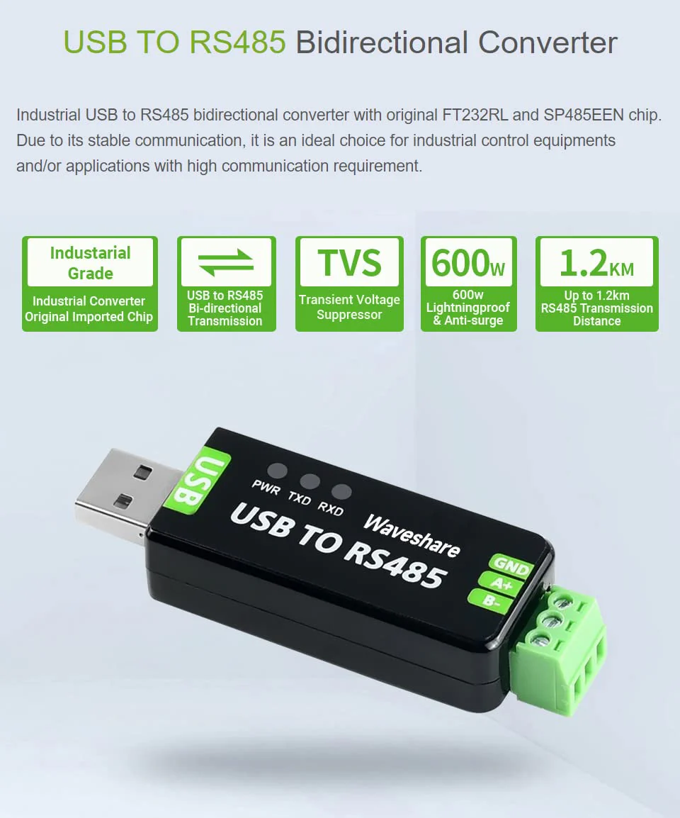 2PCS Waveshare Industrial USB to RS485 Converter with Original FT232RL and SP485EEN Embedded Protection Circuits for Industrial Control Equipments and/or Applications - Image 2