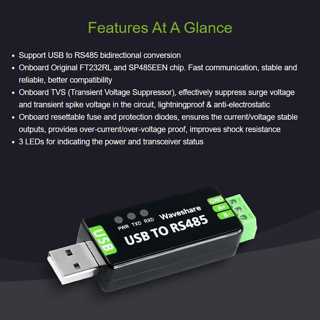 2PCS Waveshare Industrial USB to RS485 Converter with Original FT232RL and SP485EEN Embedded Protection Circuits for Industrial Control Equipments and/or Applications - Image 3