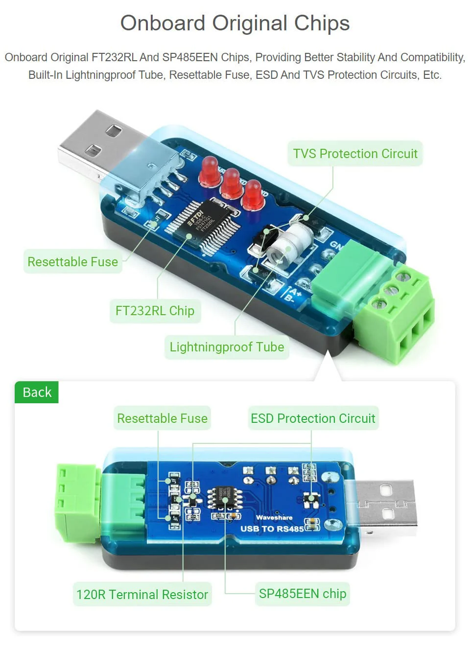 2PCS Waveshare Industrial USB to RS485 Converter with Original FT232RL and SP485EEN Embedded Protection Circuits for Industrial Control Equipments and/or Applications - Image 5