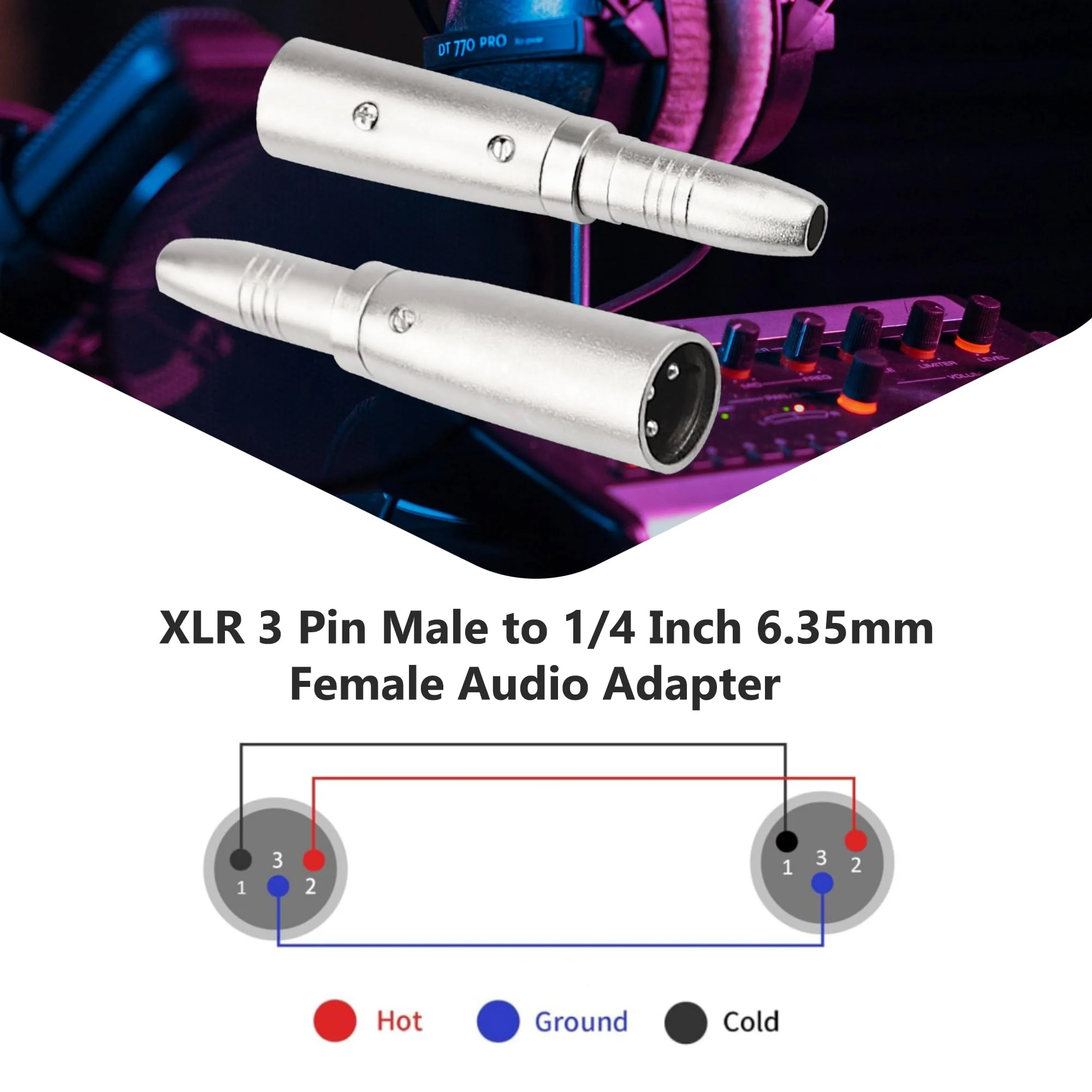 2PCS XLR Male to 1/4 Inch 6.35mm Female Adapter, 3-Pin XLR Male to Quarter Inch Female Jack Socket Audio Adapters Compatible with Microphone, Stereo, Mixer XLRM to 1/4" 6.35mm Female - Image 3