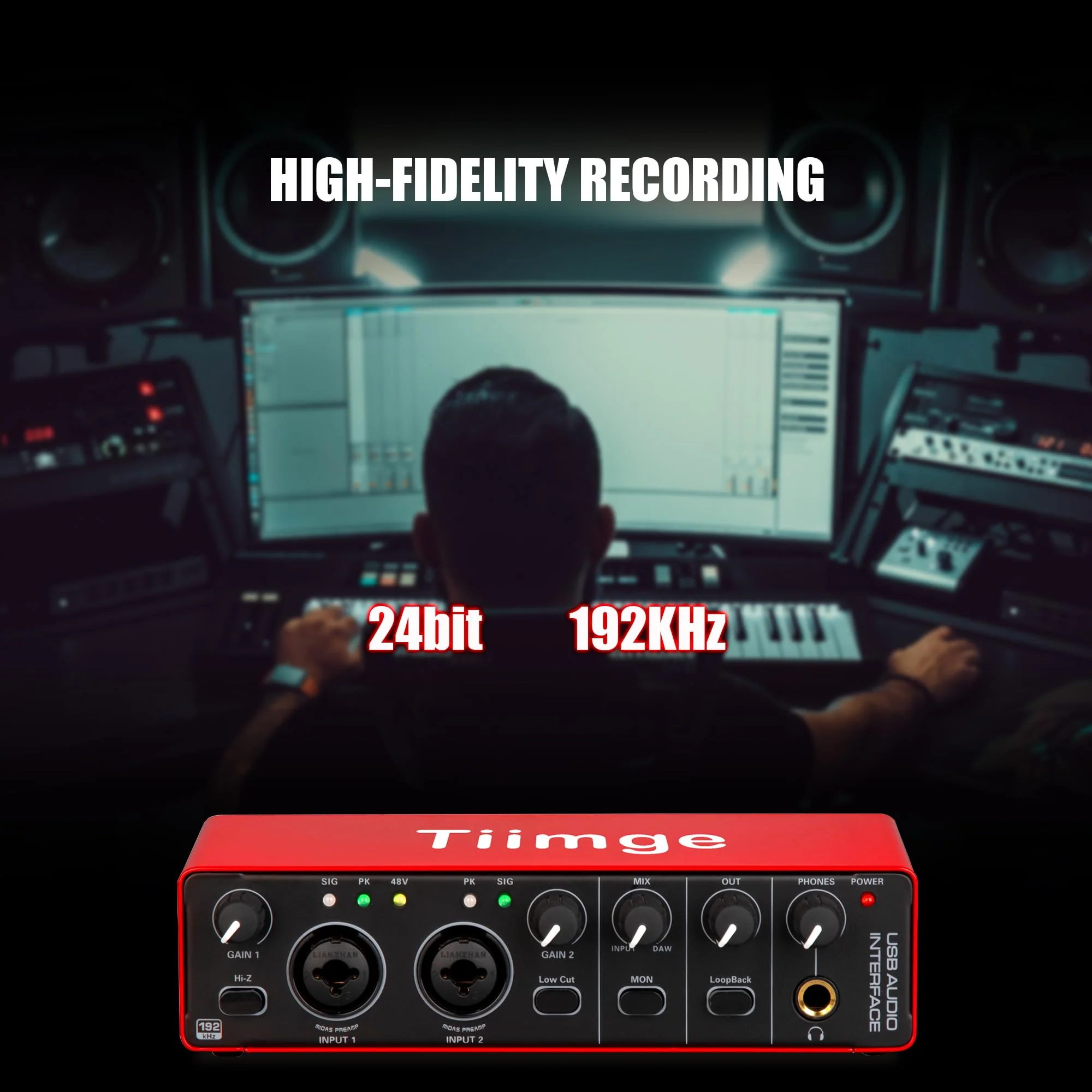 2x2 USB Audio Interface for PC, with 48V Phantom Power, 24Bit/192kHz High-Fidelity, Mic Preamplifier XLR/TSR/TS Ports, Compatible for Guitarist, Vocalist, Podcaster or Producer - Image 4