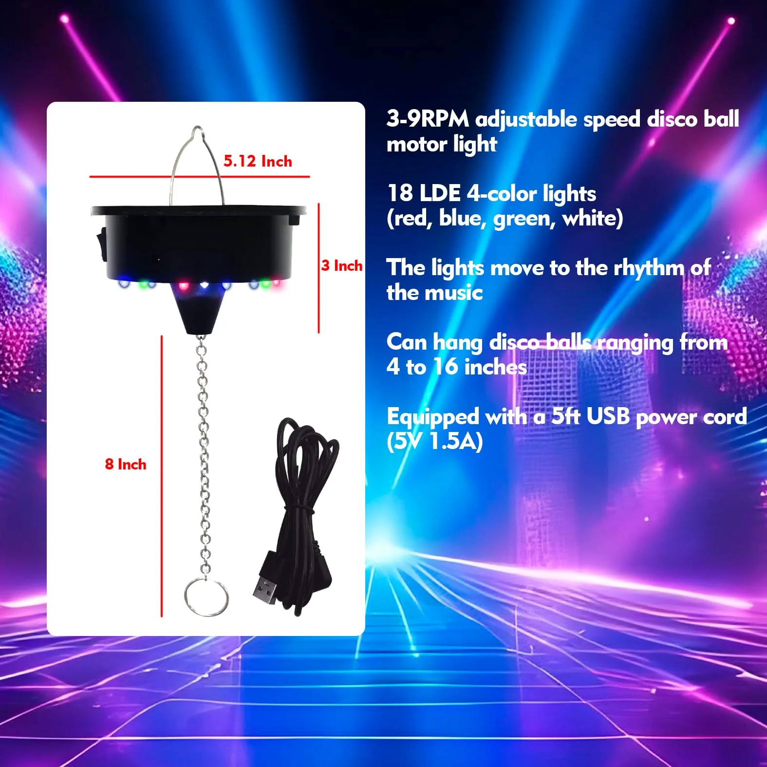 3-15RPM Disco Ball Motor Light,Adjustable Speed Disco Ball Spinner can Hang 4 6 8 12 16in Mirror Balls,Perfect for Christmas,DJ,Birthday Party Decor Disco Motor Light - Image 2