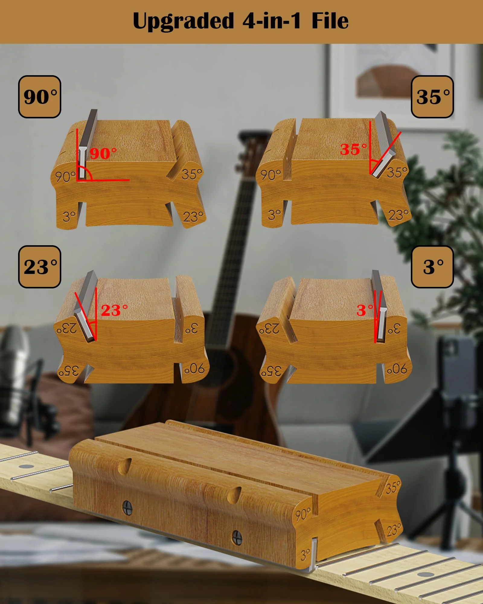 3/23/35/90 Degree Fret End Dressing, 4 in 1 Fret File-Guitar Bass Fret Beveling File Tool, Professional Luthier File for Crowning, Shaping and Deburring Frets - Image 3