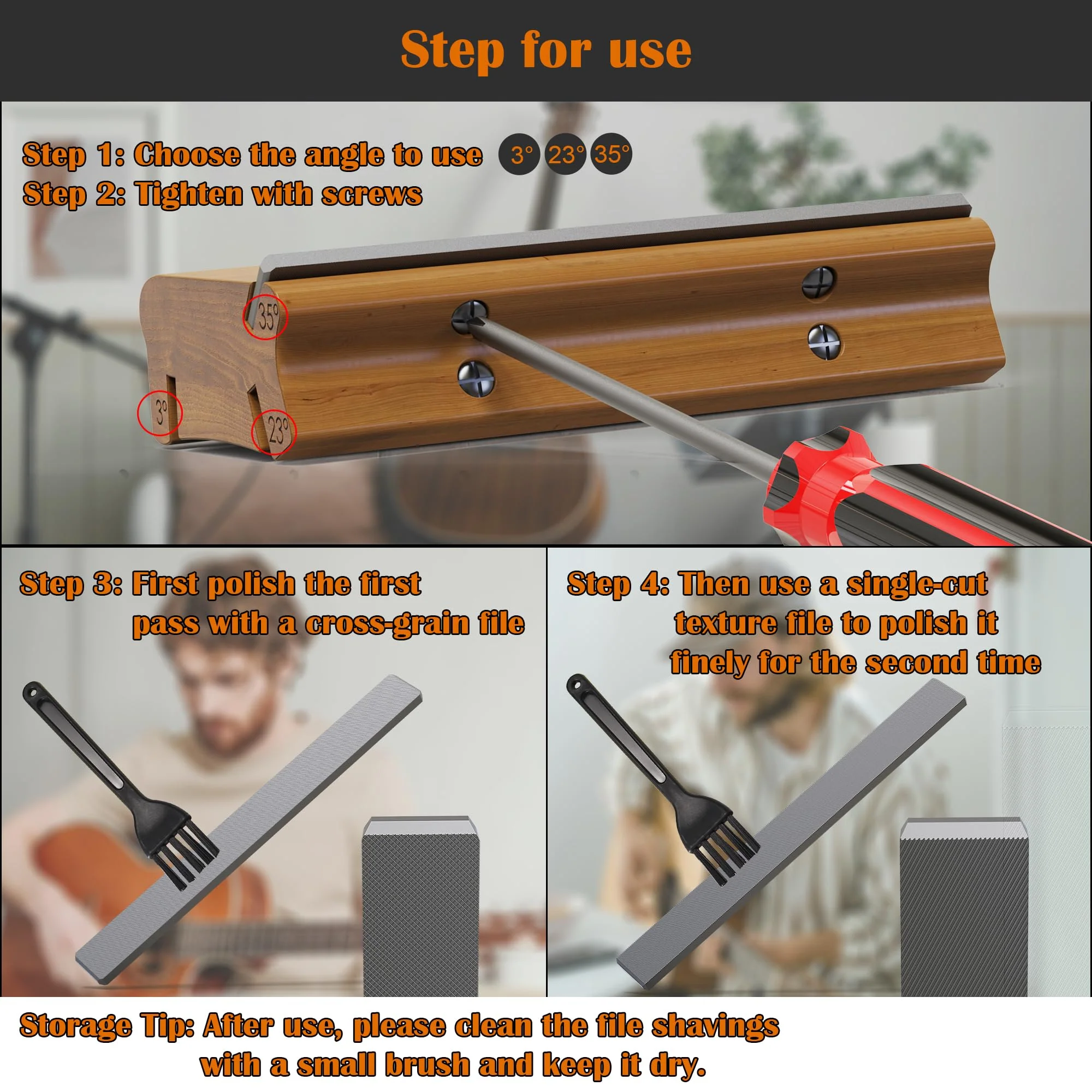 3/23/35 Degree Fret End Beveling File, 3 in 1 fret file - Guitar Bass Fret End Dressing, Guitar Fret Crowning End Bevel File Luthier Tools for Rounding, Shaping and Deburring Frets Sprouts - Image 4
