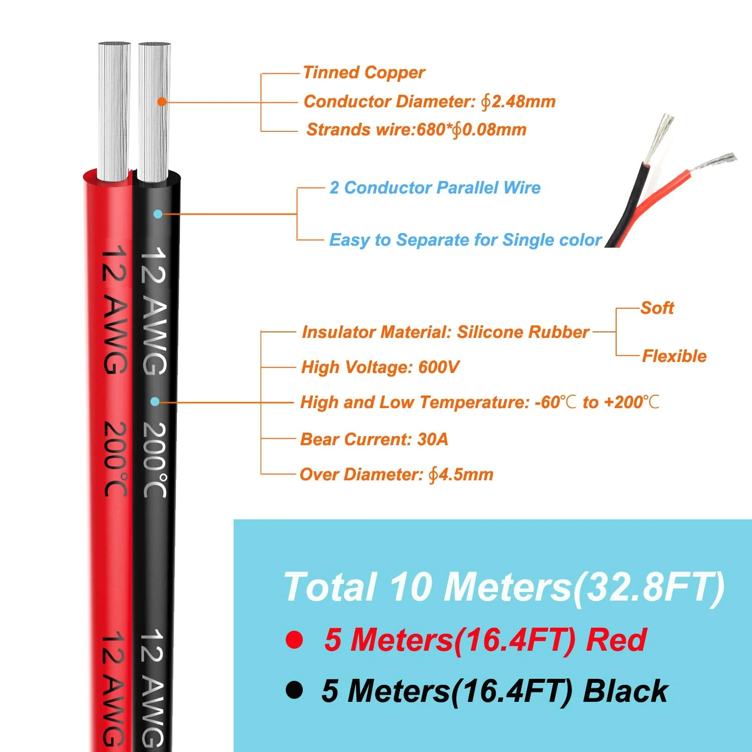 3.3 mm² 12 AWG Silicone Electric Wire Cable Connecting 10 Metres [5 Metres Black and 5 Metre Red] Soft and Flexible Made of Tinned Copper Wire High Temperature Resistance 200 Celsius 600 V 3.3 mm²/12AWG-5 metres - Image 2