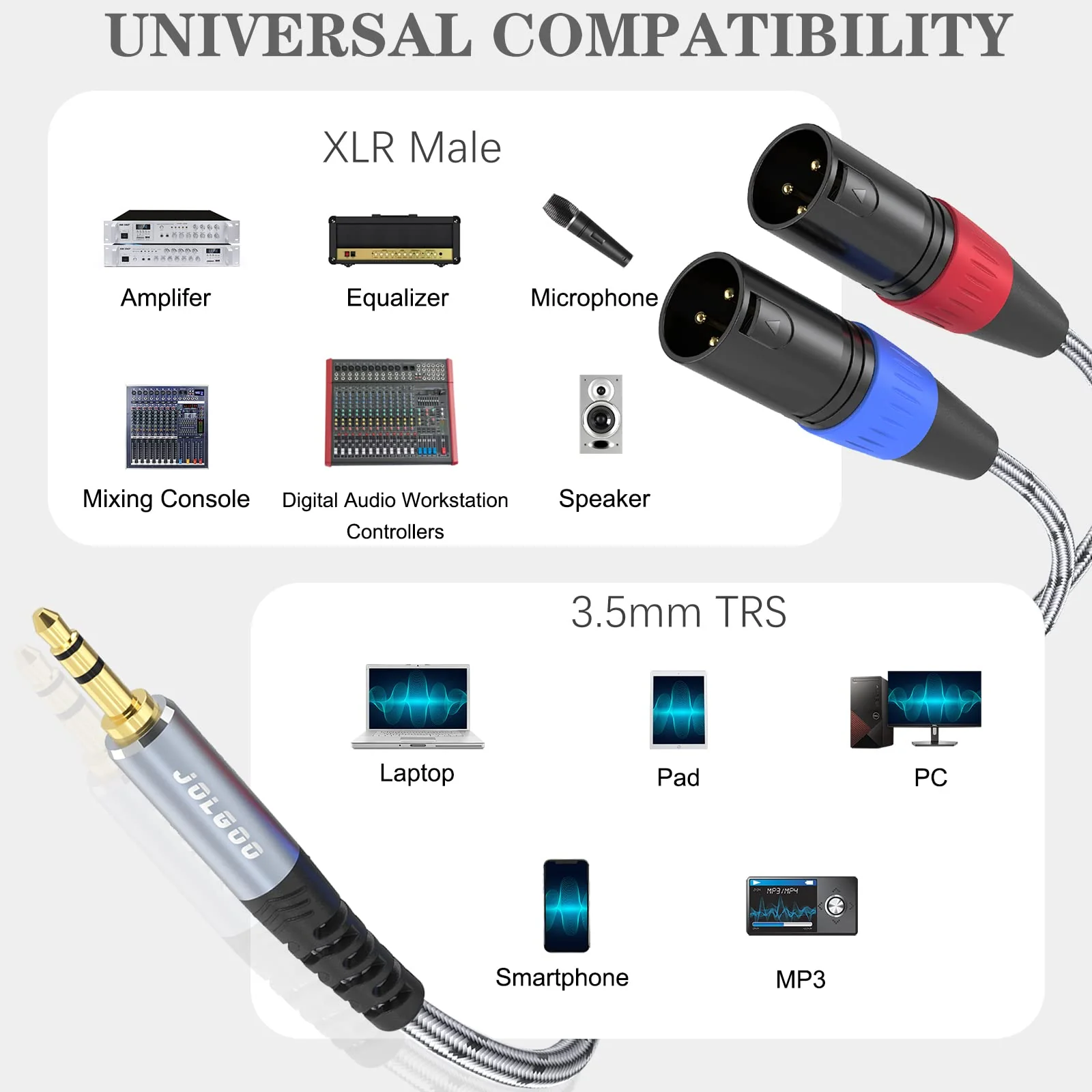 3.5 mm TRS to Dual XLR Male Pro Stereo Breakout Cable, 1/8" TRS Stereo to 2 XLR Male Y Splitter Patch Microphone Cable, 15 Feet 3.5mm to Dual XLR Male - Image 2