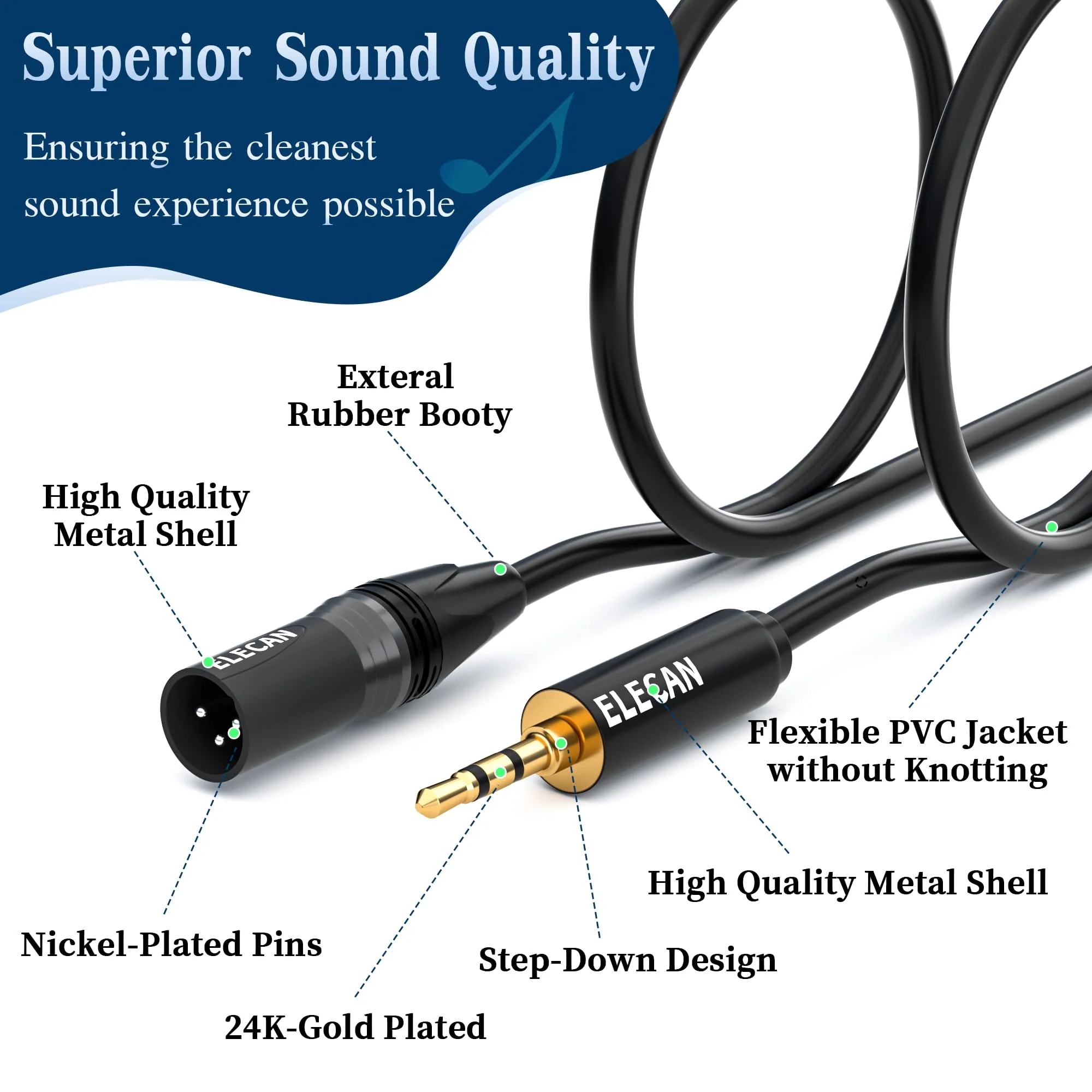 3.5mm (1/8 Inch) TRS to XLR Cable 15 Ft Male to Male-Balanced Shielded 3 Pin XLR to 1/8 Quarter inch Cord, Profesional/HiFi Stereo Guitar Cable with 3.5 mm to 6.35 mm Aadpter+Ties 3.5 mm to XLR cable 15FT - Image 5