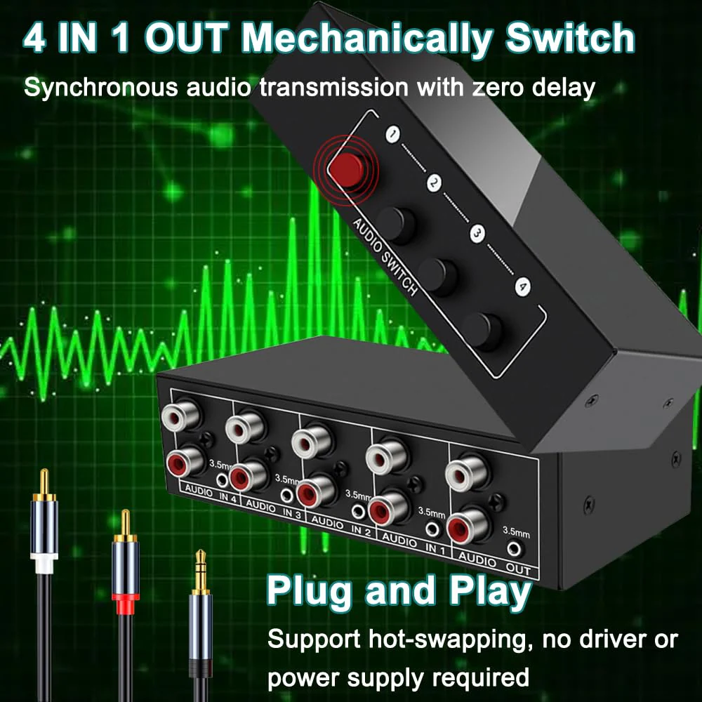 3.5mm Aux + RCA L/R Bi-Directional Stereo Audio Switch 4 in 1 out A/B Analog Audio Switcher Selector - Image 5