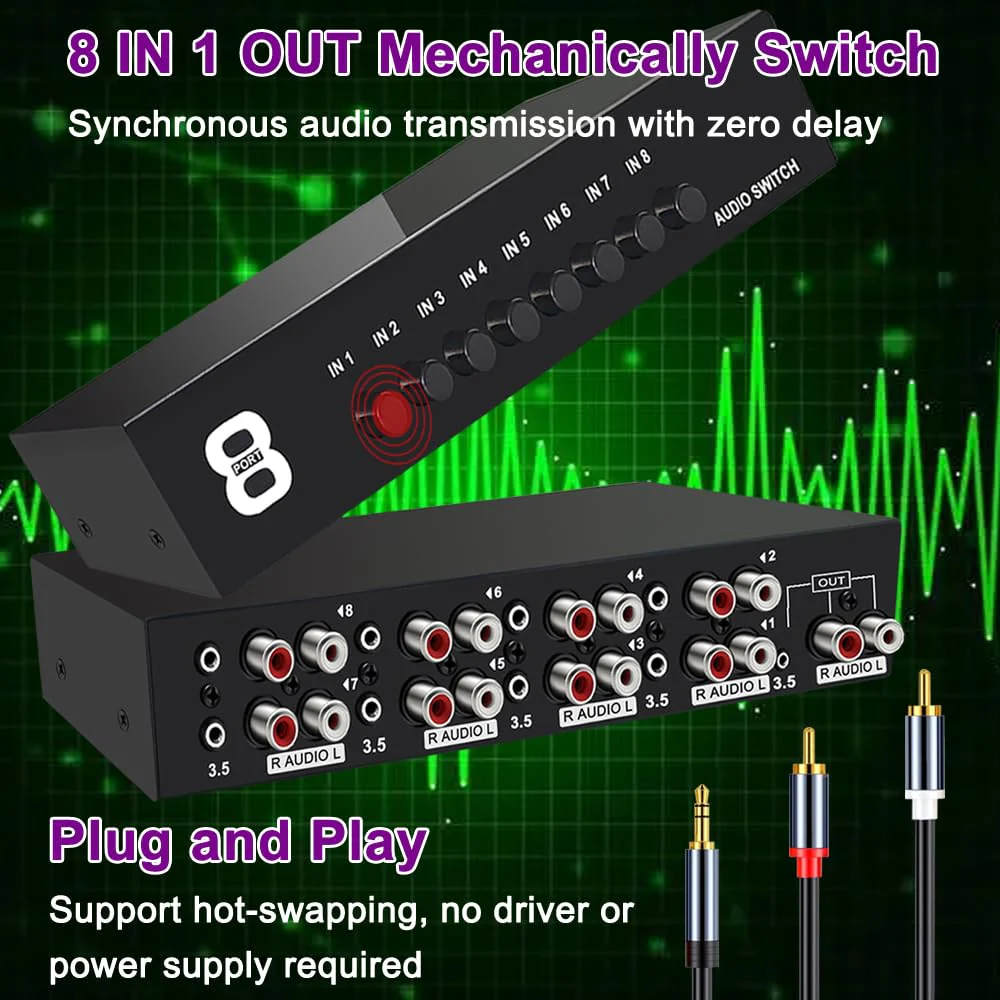 3.5mm Aux + RCA L/R Bi-Directional Stereo Audio Switch 8 in 1 Out A/B Analog Audio Switcher Selector - Image 4