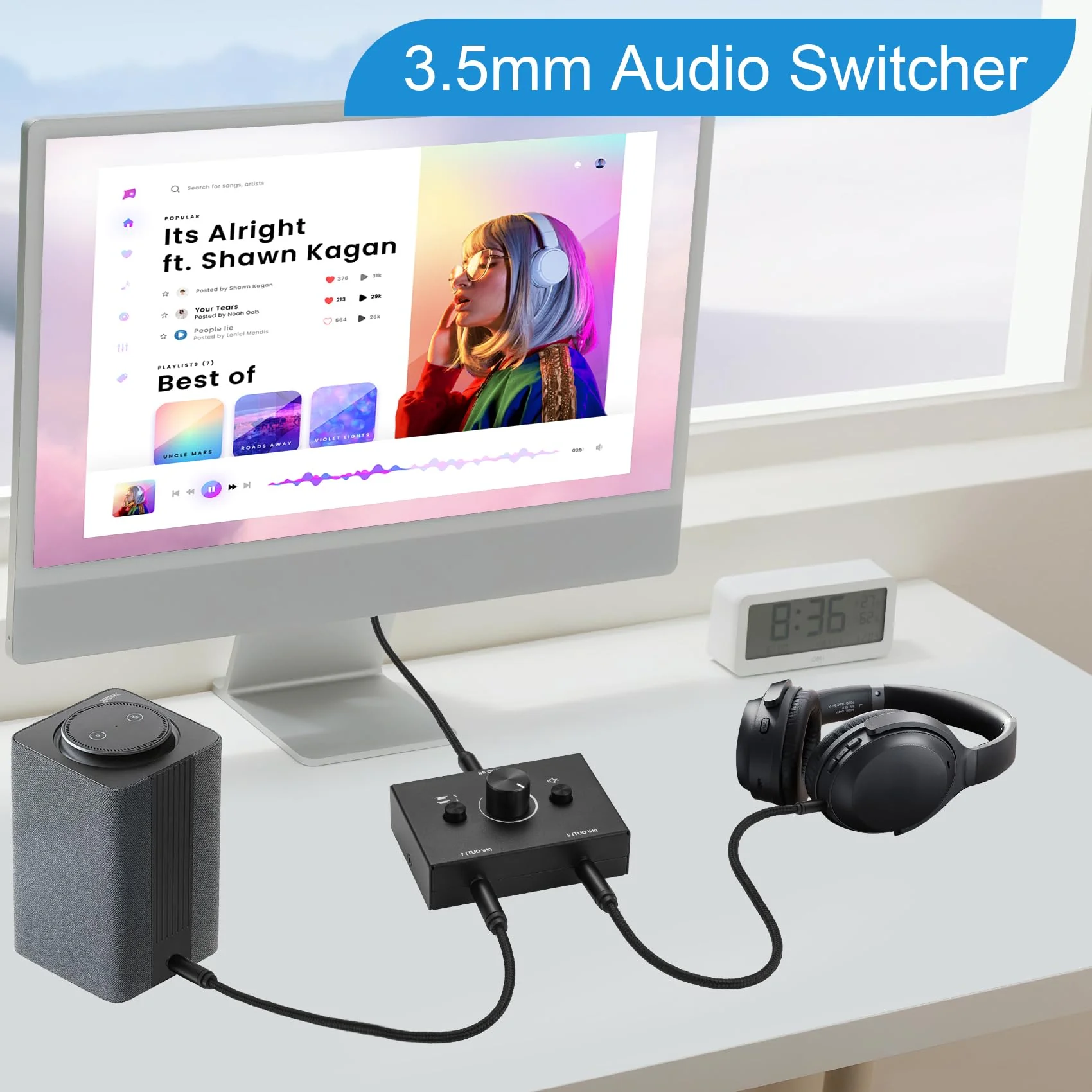 3.5mm Stereo Audio Switch Audio Switcher Passive Speaker Headphone Manual Selector Splitter Box Audio Sharing 2 Port Black - Image 5