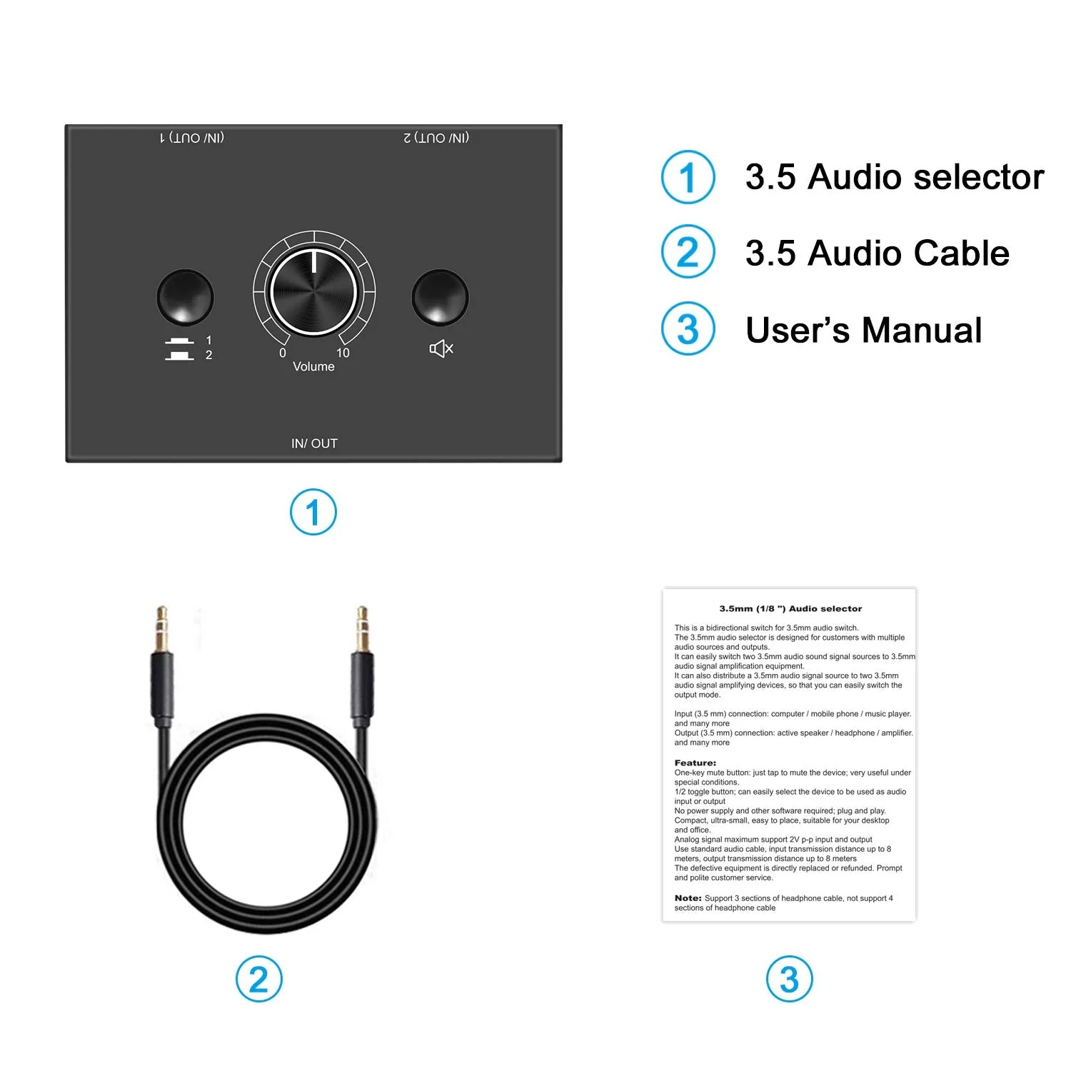 3.5mm Stereo Audio Switch Audio Switcher Passive Speaker Headphone Manual Selector Splitter Box Audio Sharing 3.5mm Switch 2 Port Black - Image 7