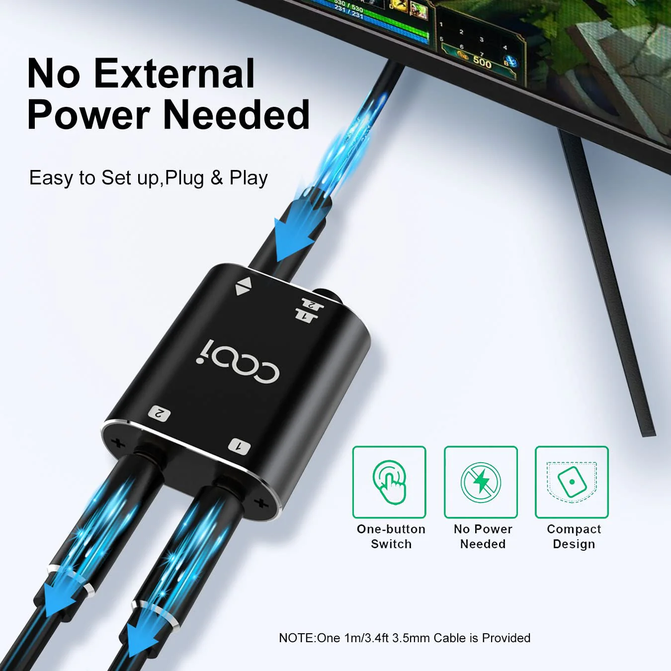 3.5mm Stereo Audio Switcher(1 in 2 Out /2 in 1 Out) with 3.5mm Audio Cable, 2 Ports AUX Audio Speaker Selector for PC Phone Laptop Headphone - Image 2