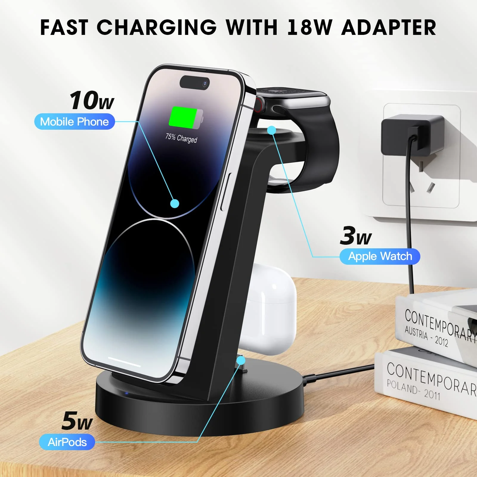 3 in 1 Charging Station for iPhone, Wireless Charger for iPhone 14 13 12 11 X Pro Max & Apple Watch - Charging Stand Dock for AirPods Black - Image 4
